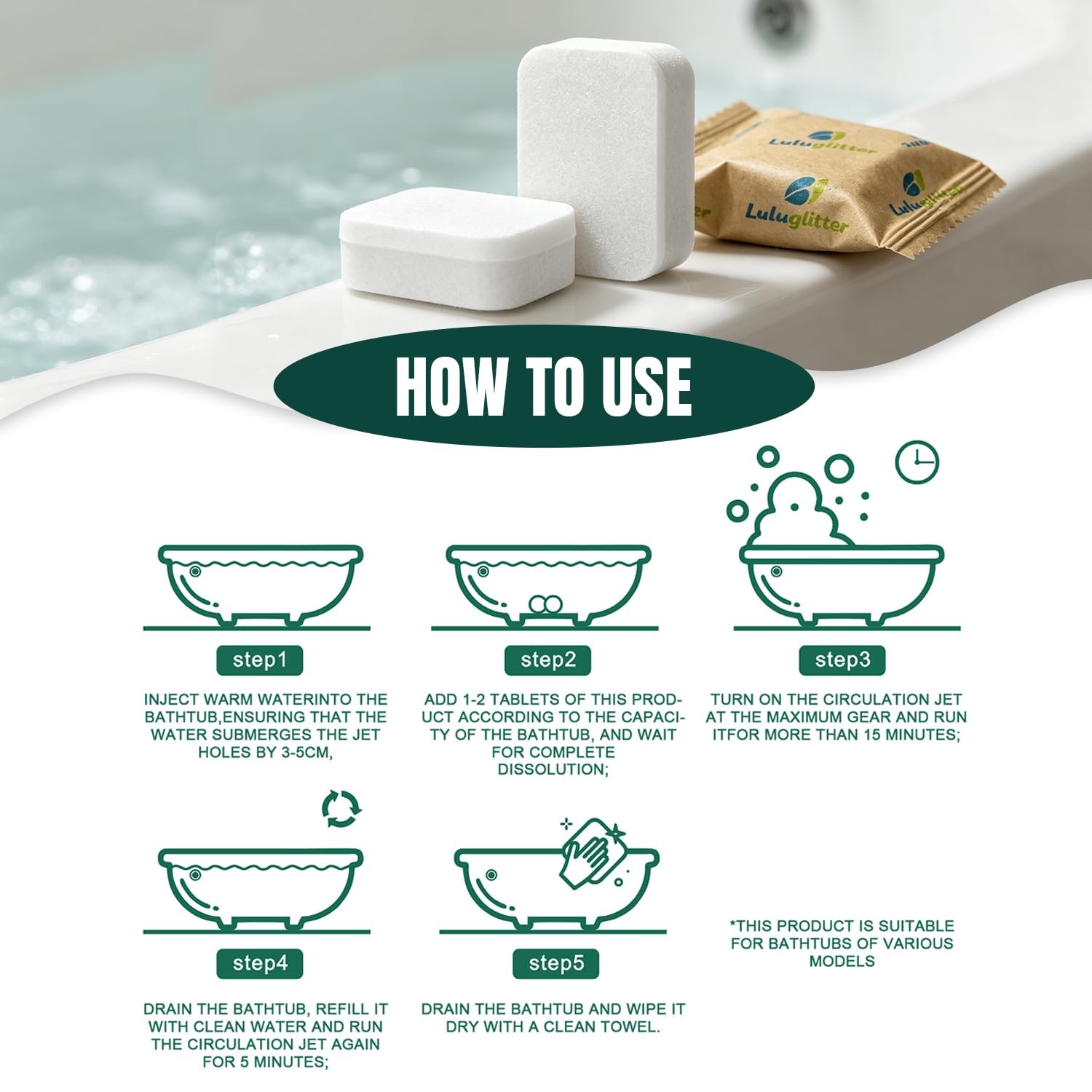 Jetted Tub Cleaner Spa Bathtub Cleaning 12 tabs Universal