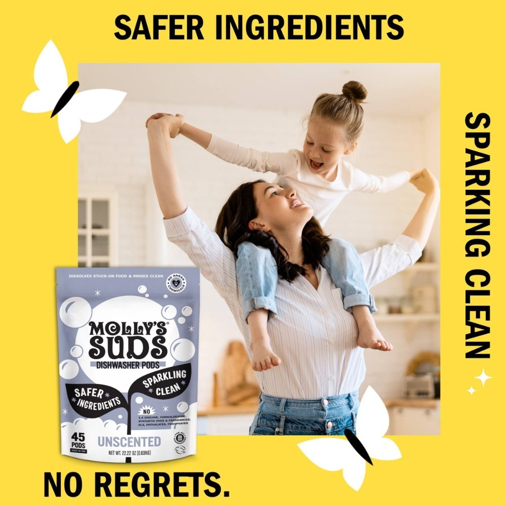 Molly’s Suds Dishwasher Pods, Unscented, 45ct, Paraben/Phosphate-Free, Vegan