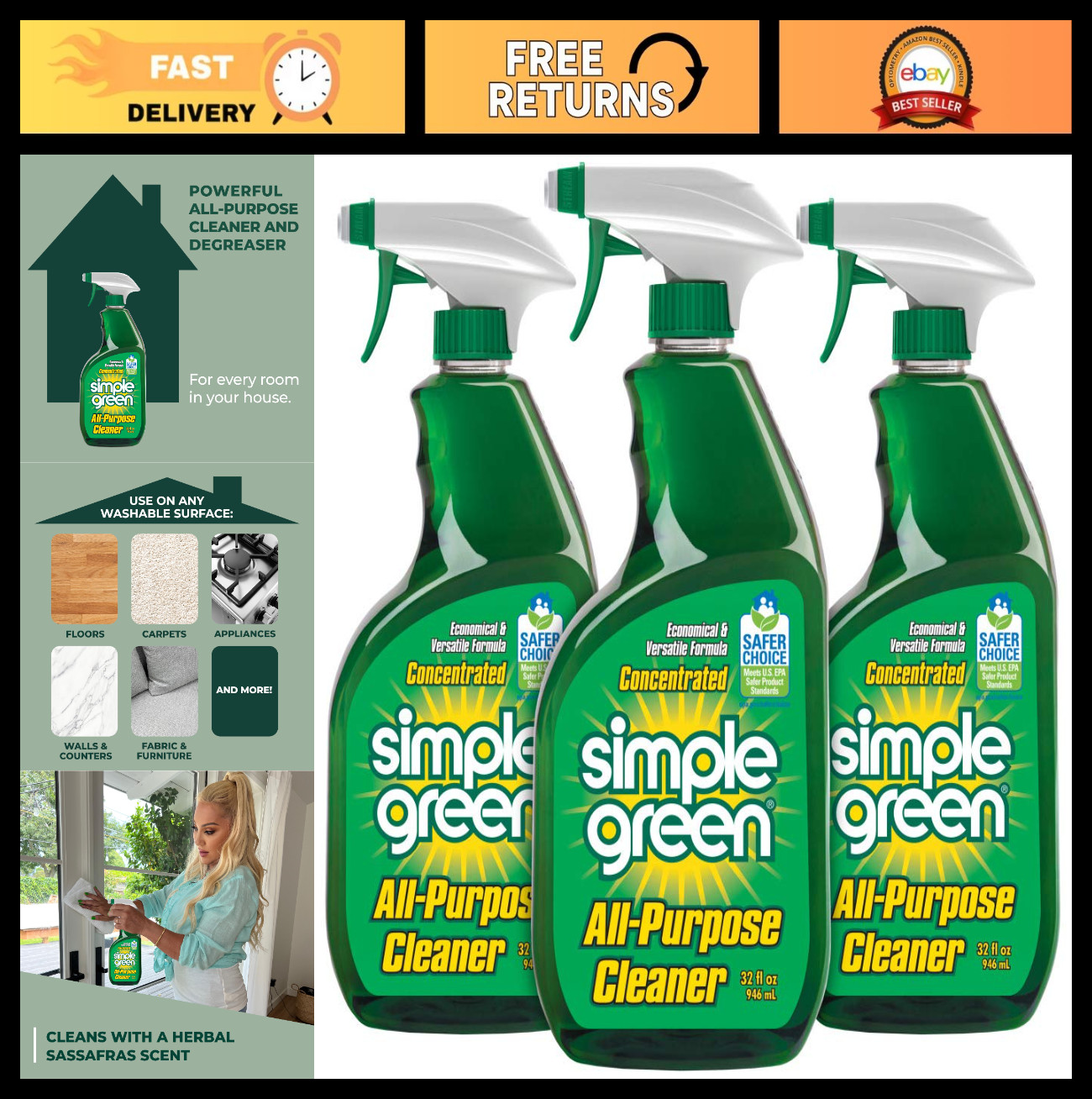 Multi-Surface Cleaner, 32 Fl Oz (Pack of 3) – Eco-Friendly, Non-Toxic Formula
