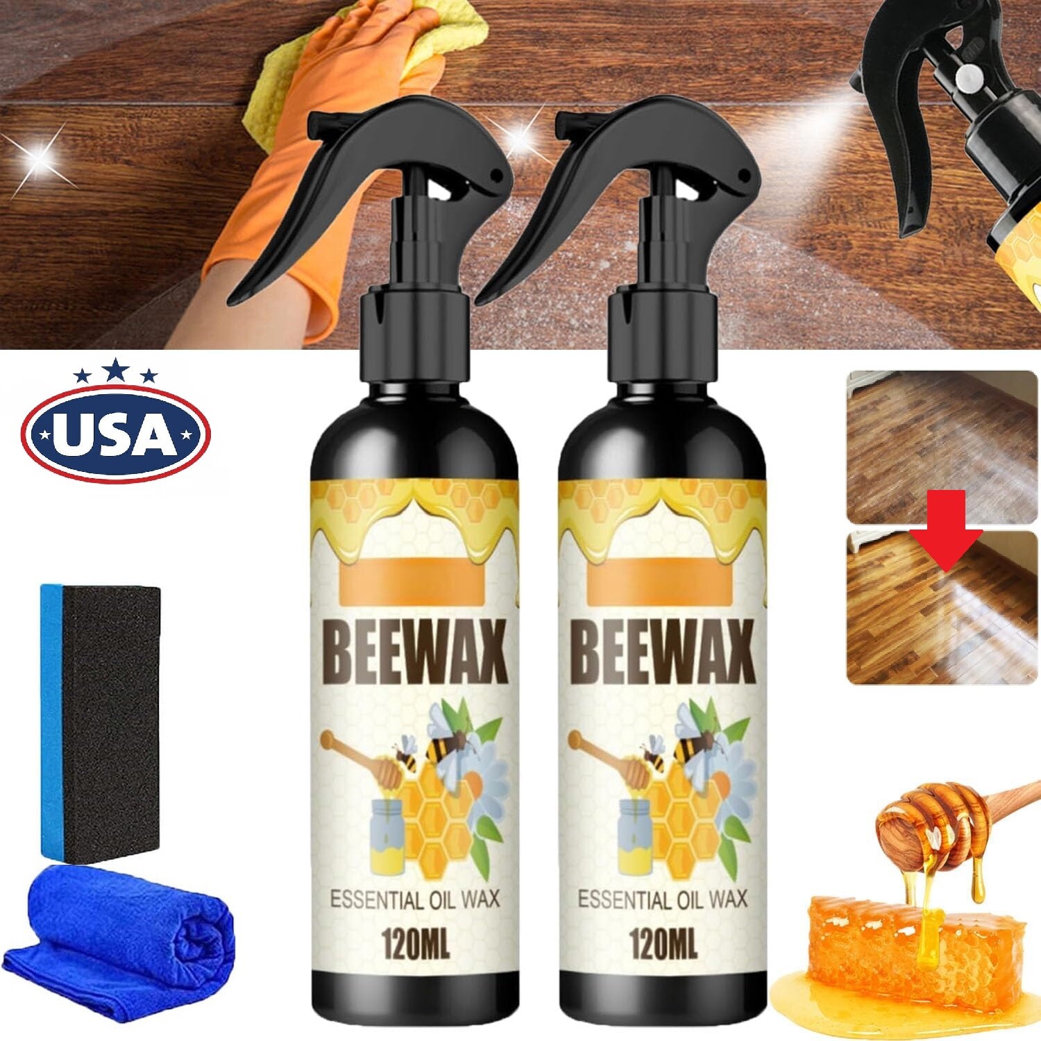 2Pcs Beeswax Spray Beeswax Spray Cleaner Natural Micro-Molecularized Beeswax USA
