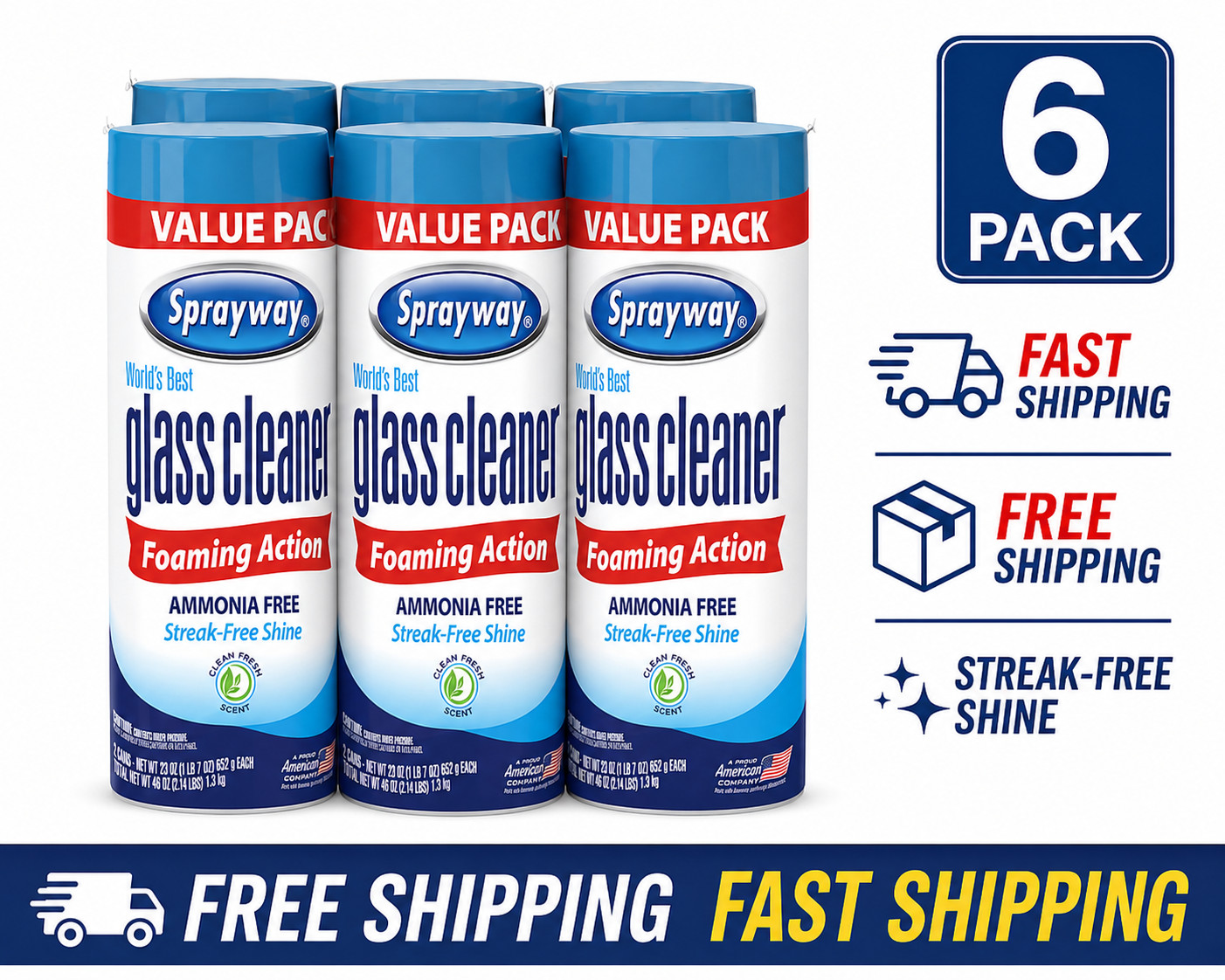 6 Pack Sprayway Glass Cleaner 23 oz Cans FAST Shipping CLEAN SHINE, FRESH SCENT