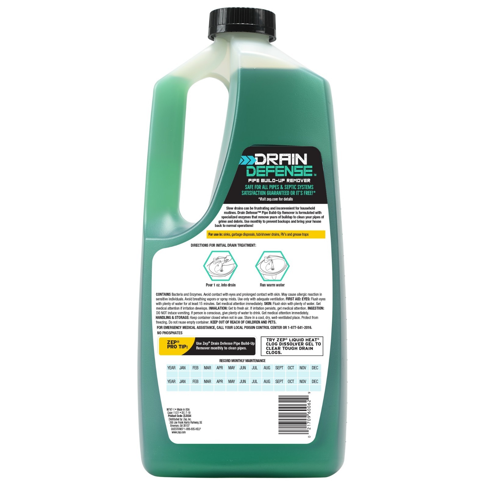 Zep Drain Defense Pipe Build-Up Remover 64 oz Strength Liquid, Unscented