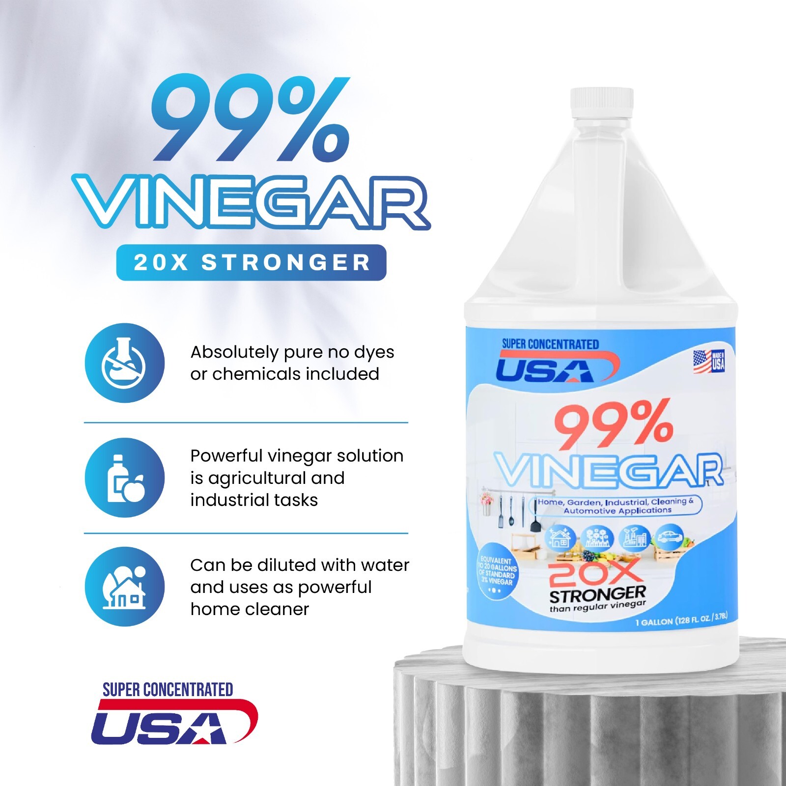 Super Concentrated USA 99% Pure Vinegar – Dilutes to 20 Gallons – 20x Power
