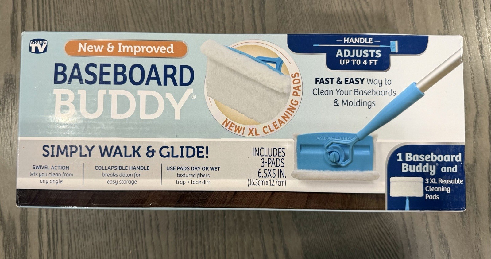 Baseboard Buddy Cleaning Tool With 4 ft Handle & 3 XL Reusable Pads