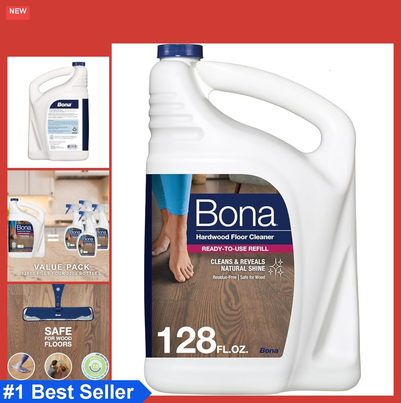 Hardwood Floor Cleaner Refill 128 oz Unscented Residue Free pH Neutral for Wood