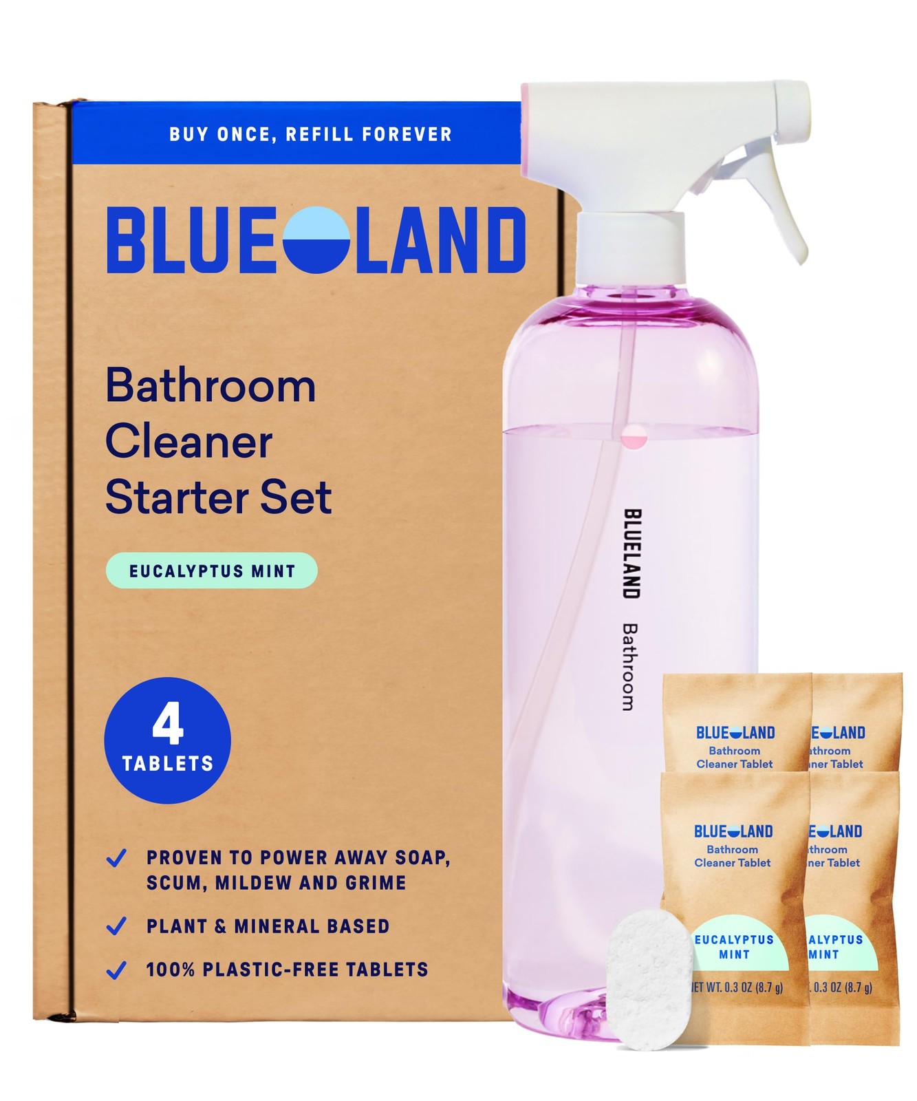 Bathroom Cleaner, Starter Set, Eucalyptus Mint Scent, Spray Bottle with 4 Ref…