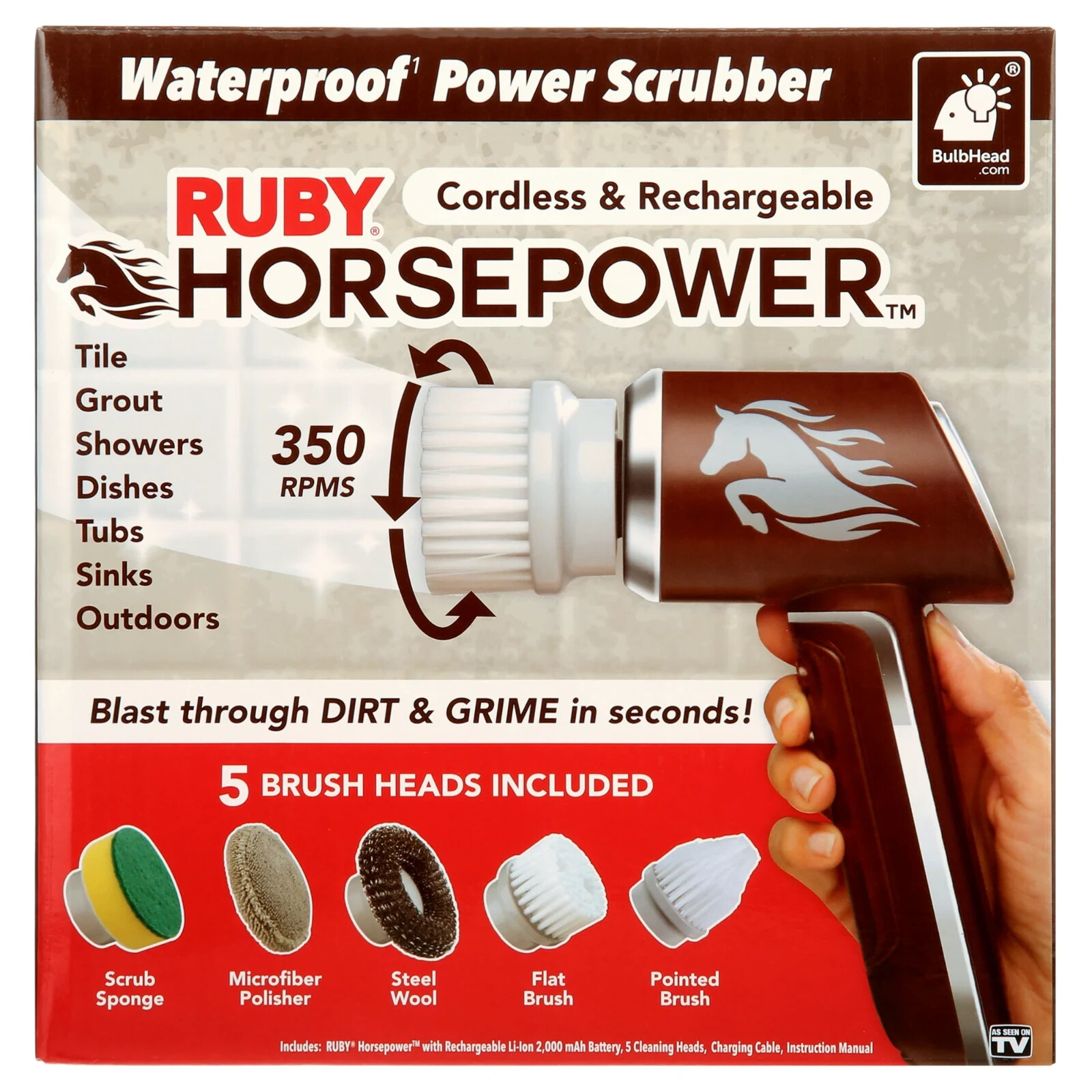HORSEPOWER RUBY Waterproof Cordless 360° Power Scrubber W/ 5 Heads! – NEW!