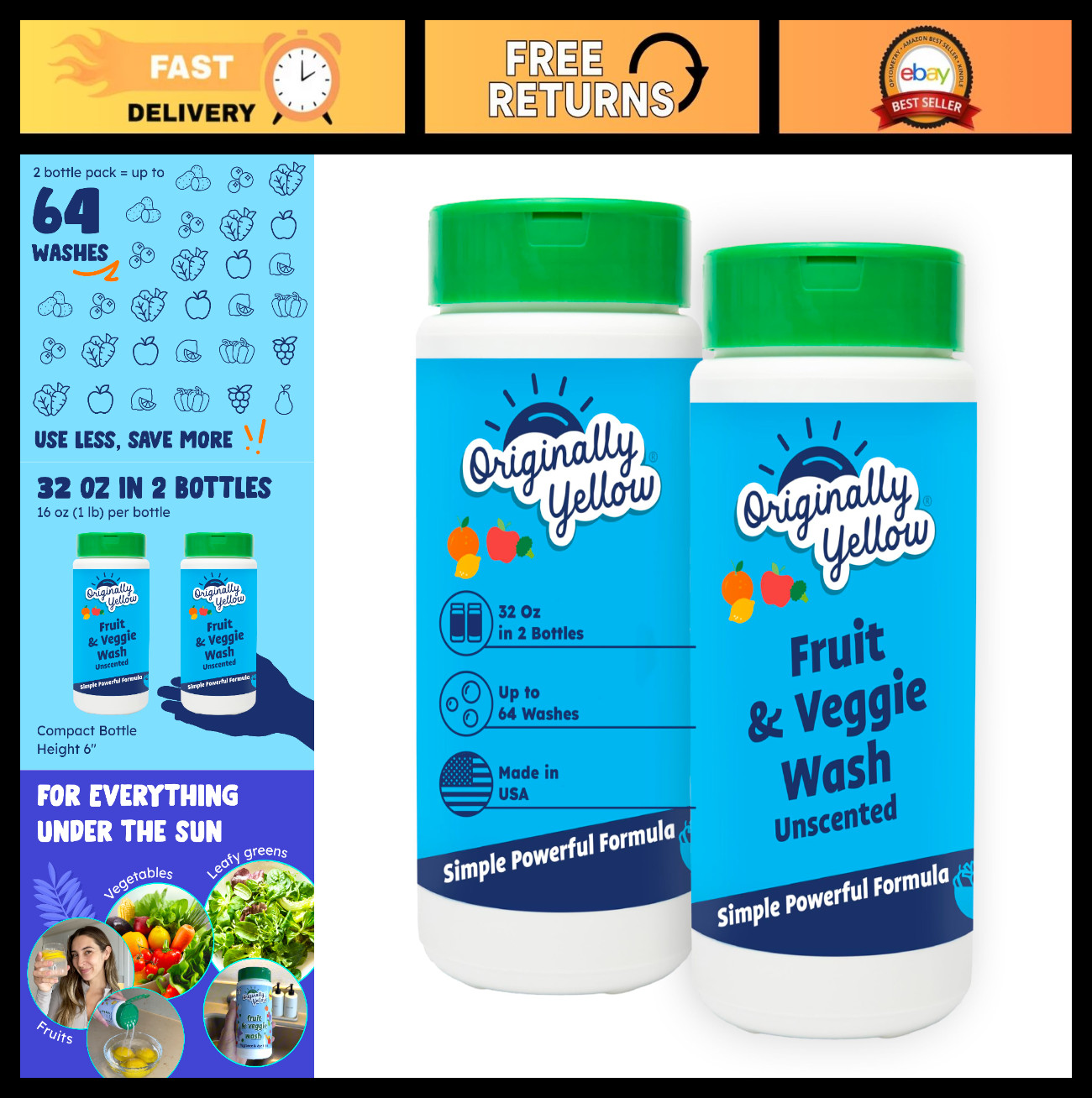 Food-Grade Fruit & Vegetable Wash – Plant-Derived Cleaner, No Aftertaste, 2 lb