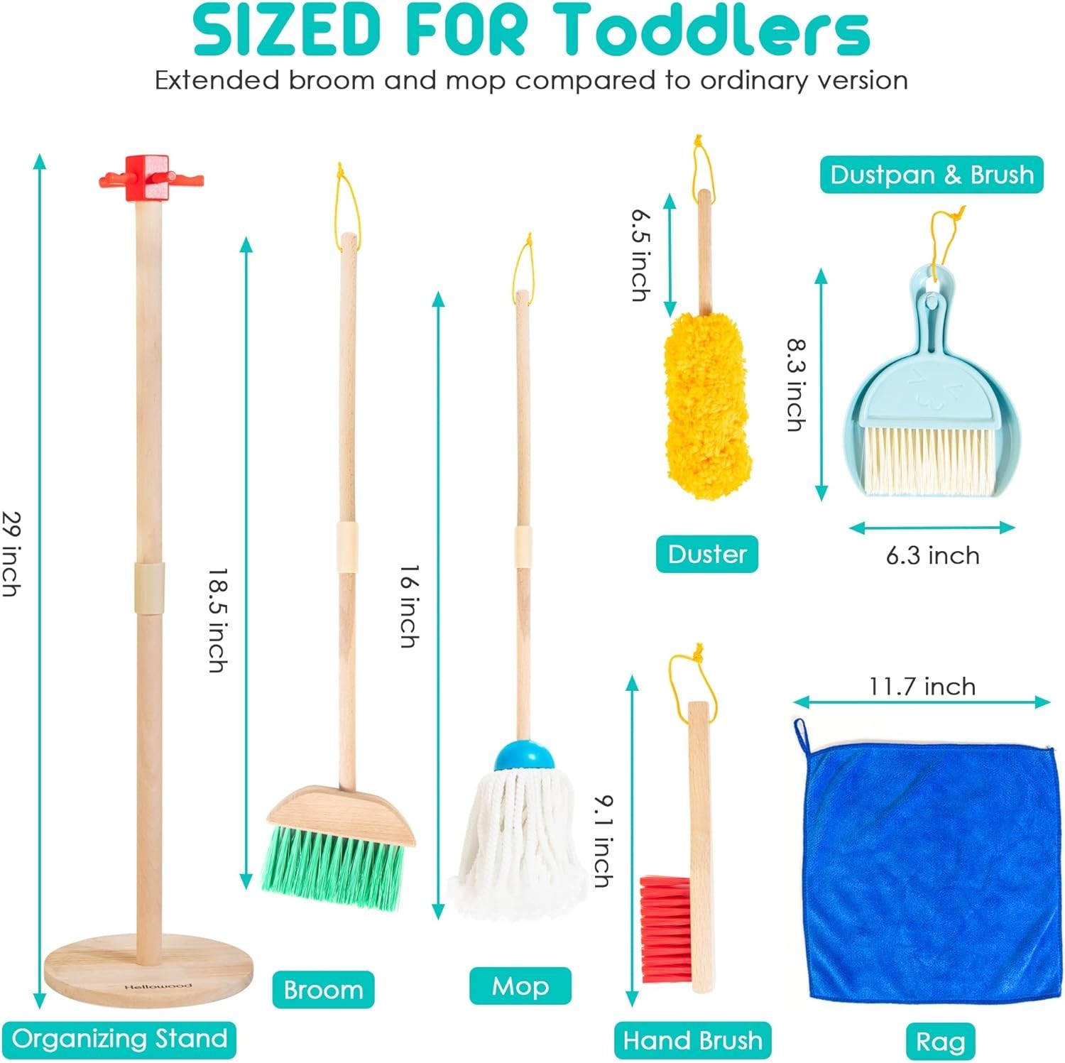 Kids Cleaning Set 8 Pcs Wooden Housekeeping Play Toy Includes Broom Mop Dustpan
