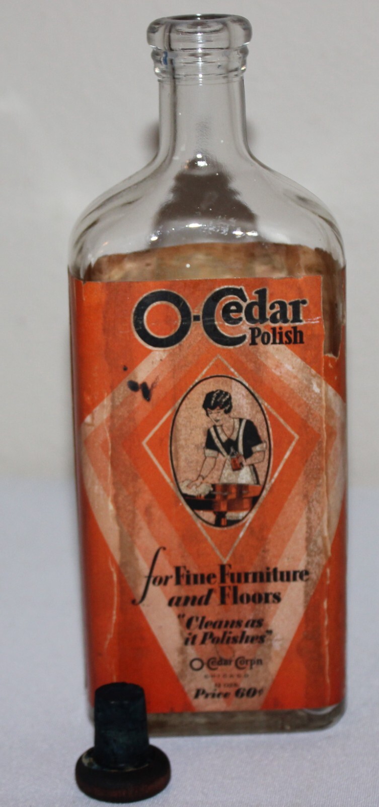 Antique O-CEDAR Polish Glass Bottle Paper Lable Wood Stopper Cap Advertising