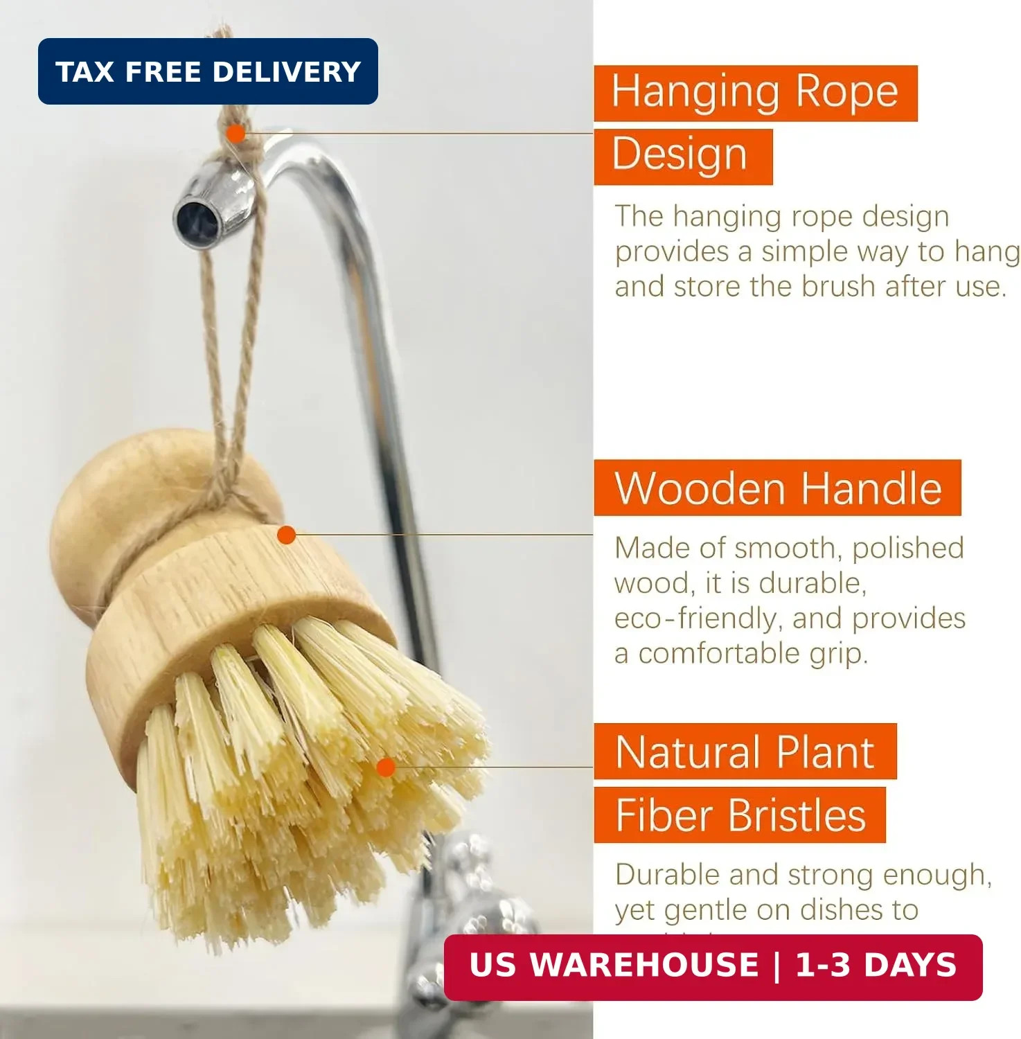 2pcs Wooden Dish Scrub Brushes for Kitchen, Eco-Friendly Cleaning Scrubbers, Nat