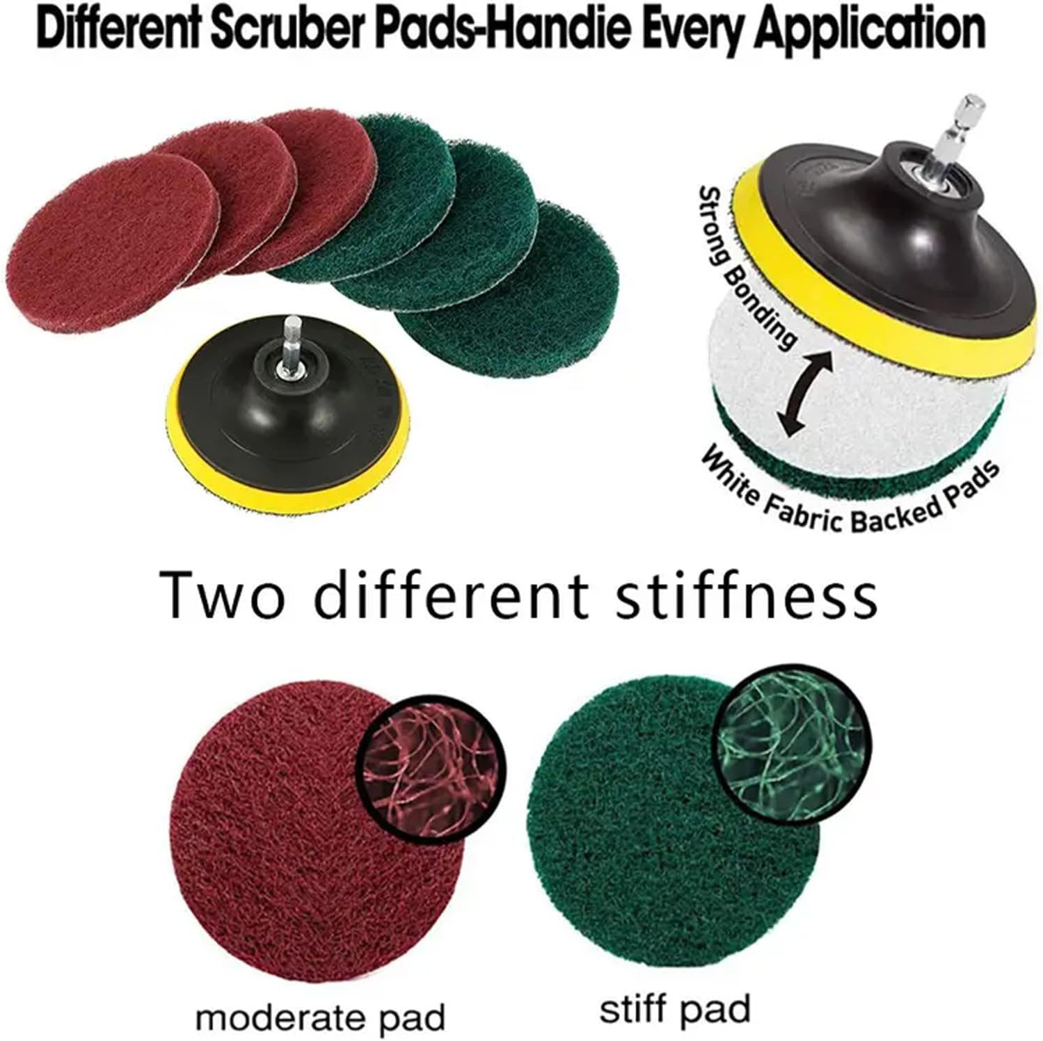 4″ Drill Powered Scrubber Pad Set 6pc Scouring Pads & Holder for Tile Grout Floo