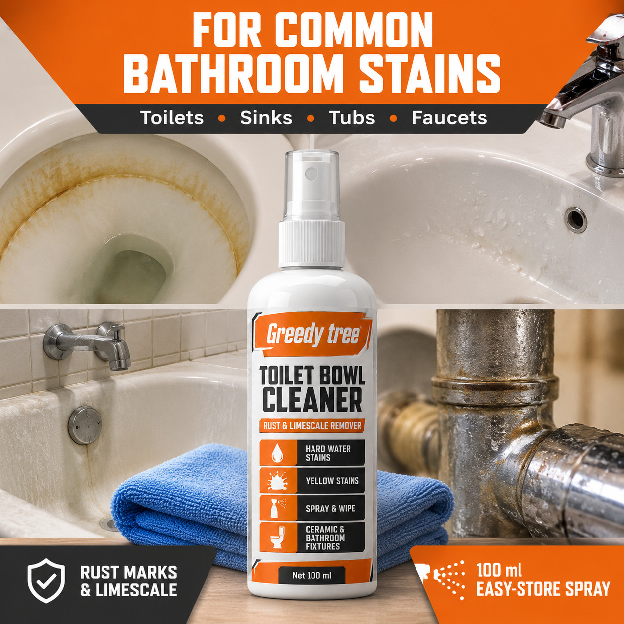 Faucet Water Stain Remover Spray for Rust Scale and Bathroom Shine