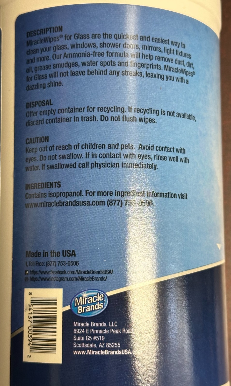 Miracle Brand PREMIUM Glass Windows Windshield Cleaner Streak-Free Shine 60 Wipe