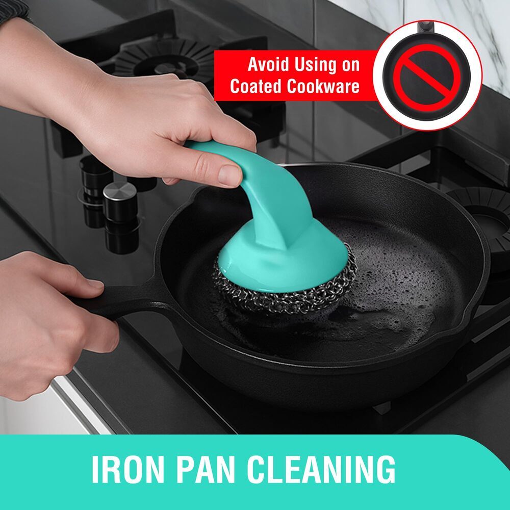HAUSHOF Cast Iron Scrubber with Long Handle Kitchen Cleaning Kit for Grill Oven