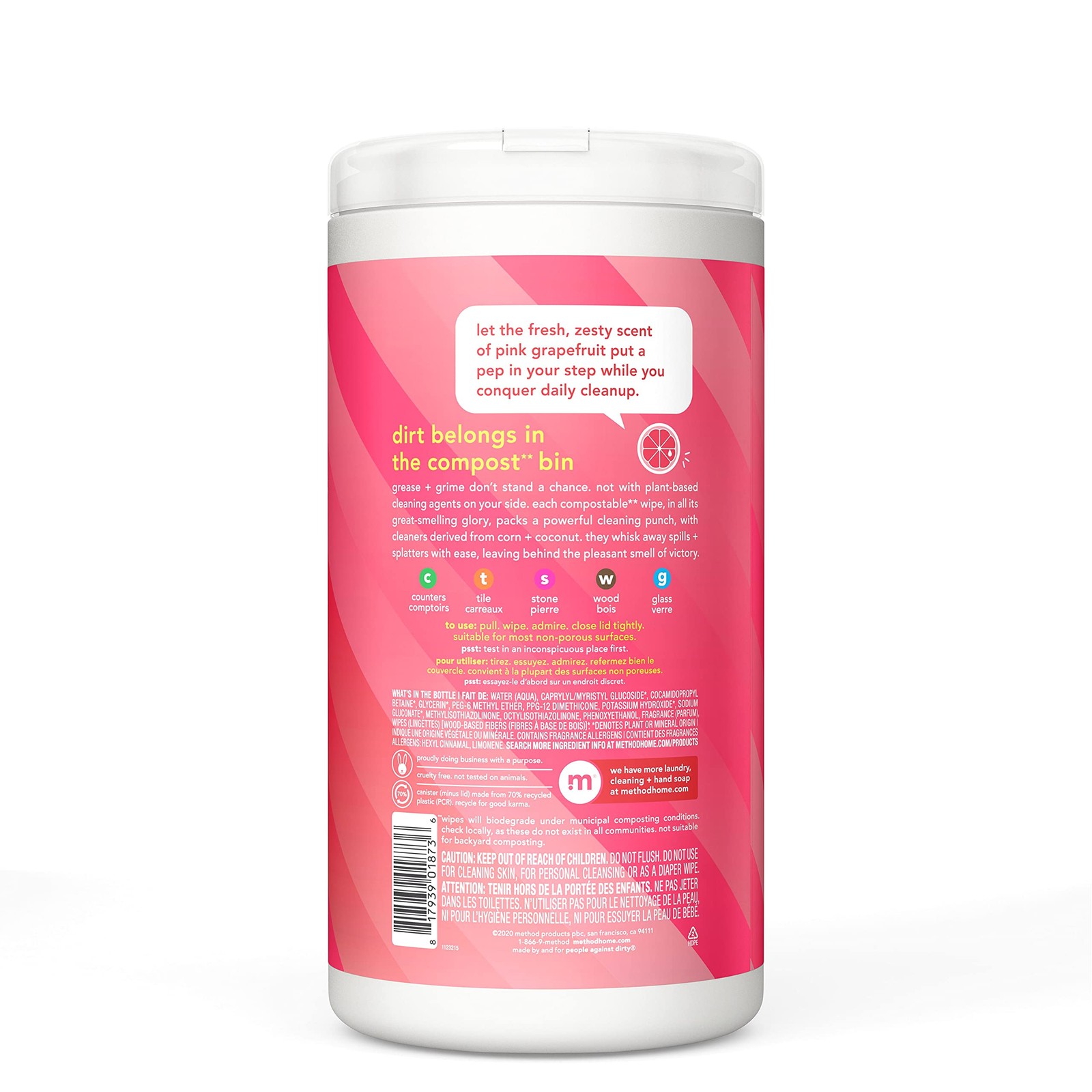 Method All-Purpose Cleaning Wipes, Pink Grapefruit, 70 Count, 3 pack, Packaging
