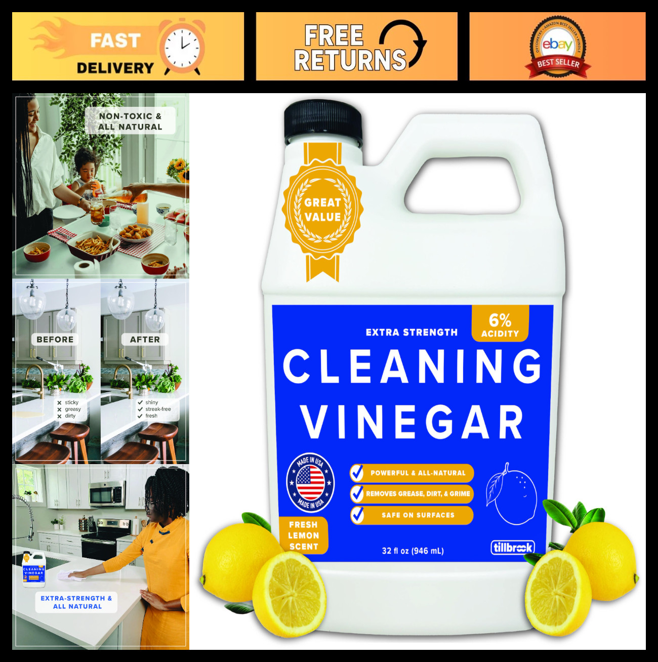 Extra Strength Cleaning Vinegar 6% – 32 oz Lemon Scent, All-Natural, Non-Toxic C