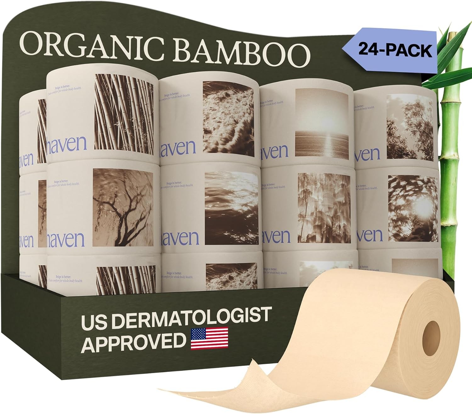 Haven Unbleached Bamboo Toilet Paper with Plastic Free Packaging, 3-Ply, 24 Ro