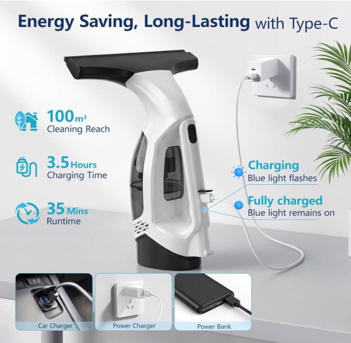 Limpiador Eléctrico Ventanas 2000Pa Con Palo Extensible Y Depósito 150ML