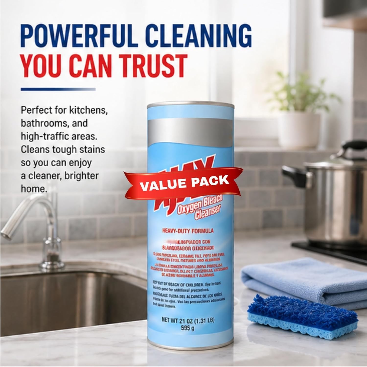 Ajax Oxygen Powder Cleaning Washing Kitchen Use 21oz Pack of 3 with Keychain