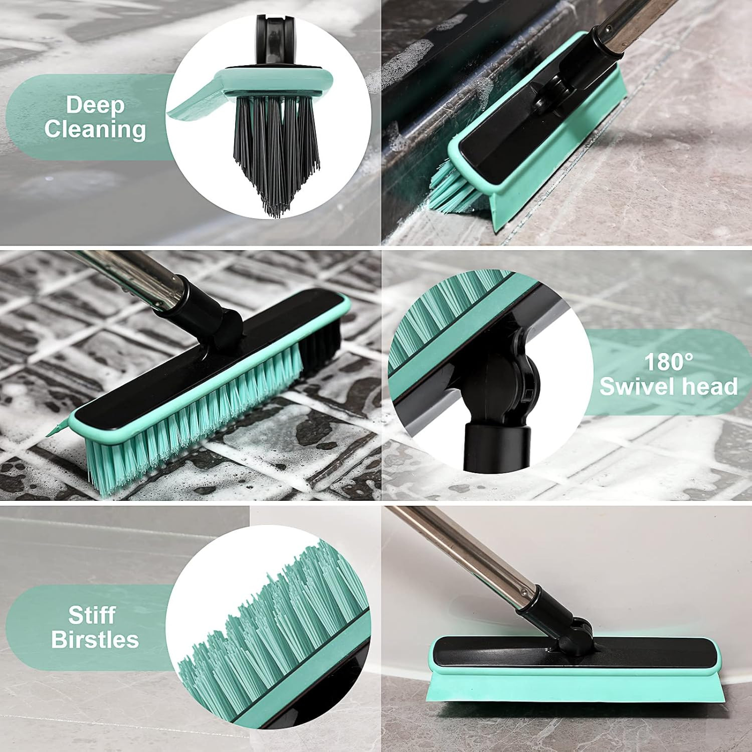 Grout Cleaner Brush with Long Handle, V-Shaped Floor Scrub Brush Swivel Grout Br