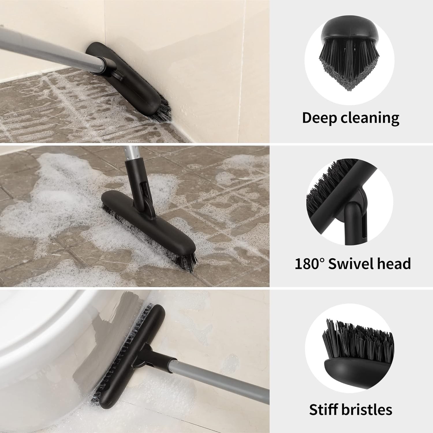 Heavy Duty Grout Scrub Brush with Long Handle, Shower Floor Scrubber for Clea…