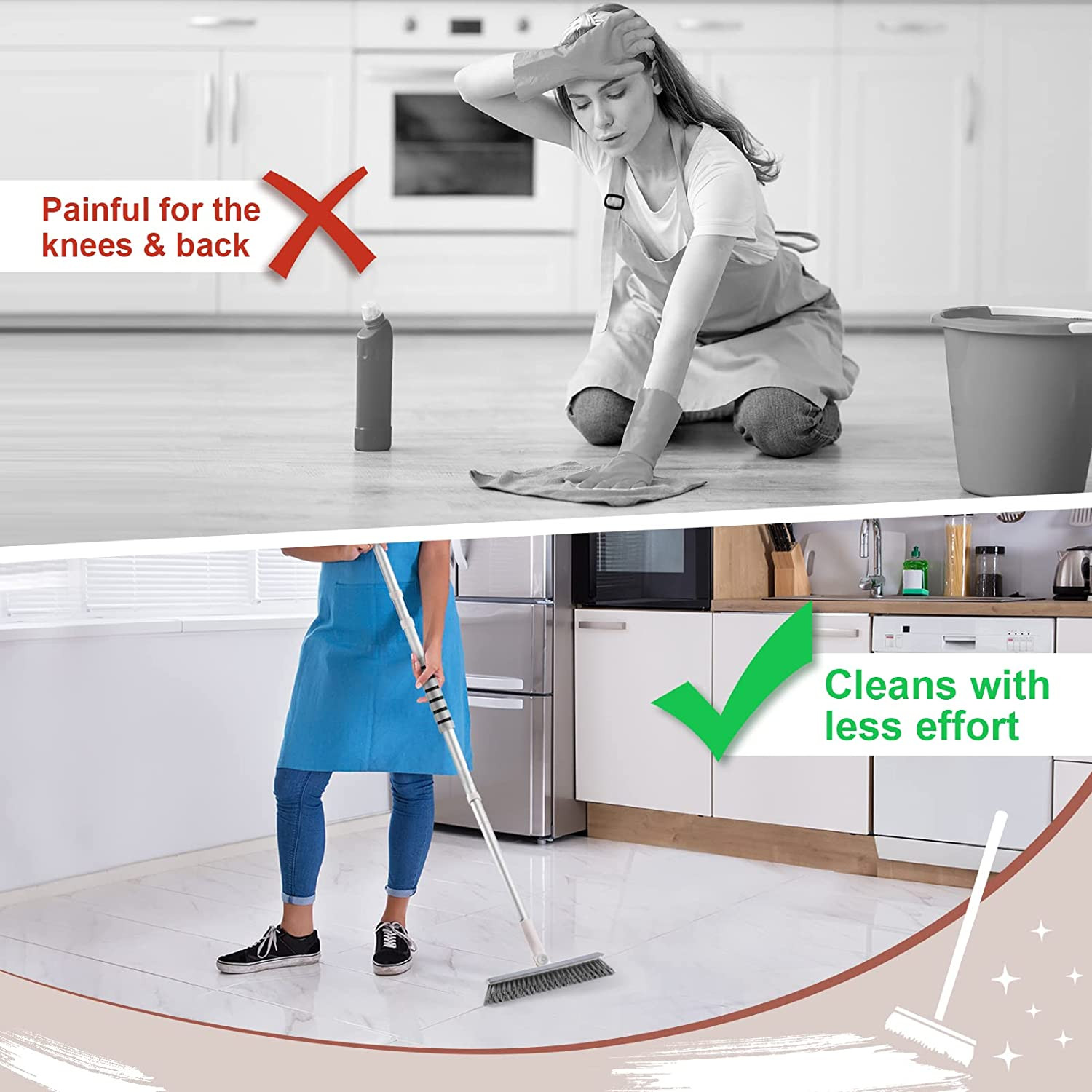 Grout Brush with Long Handle, 2 in 1 Floor Scrub Brush with Squeegee, Shower Scr