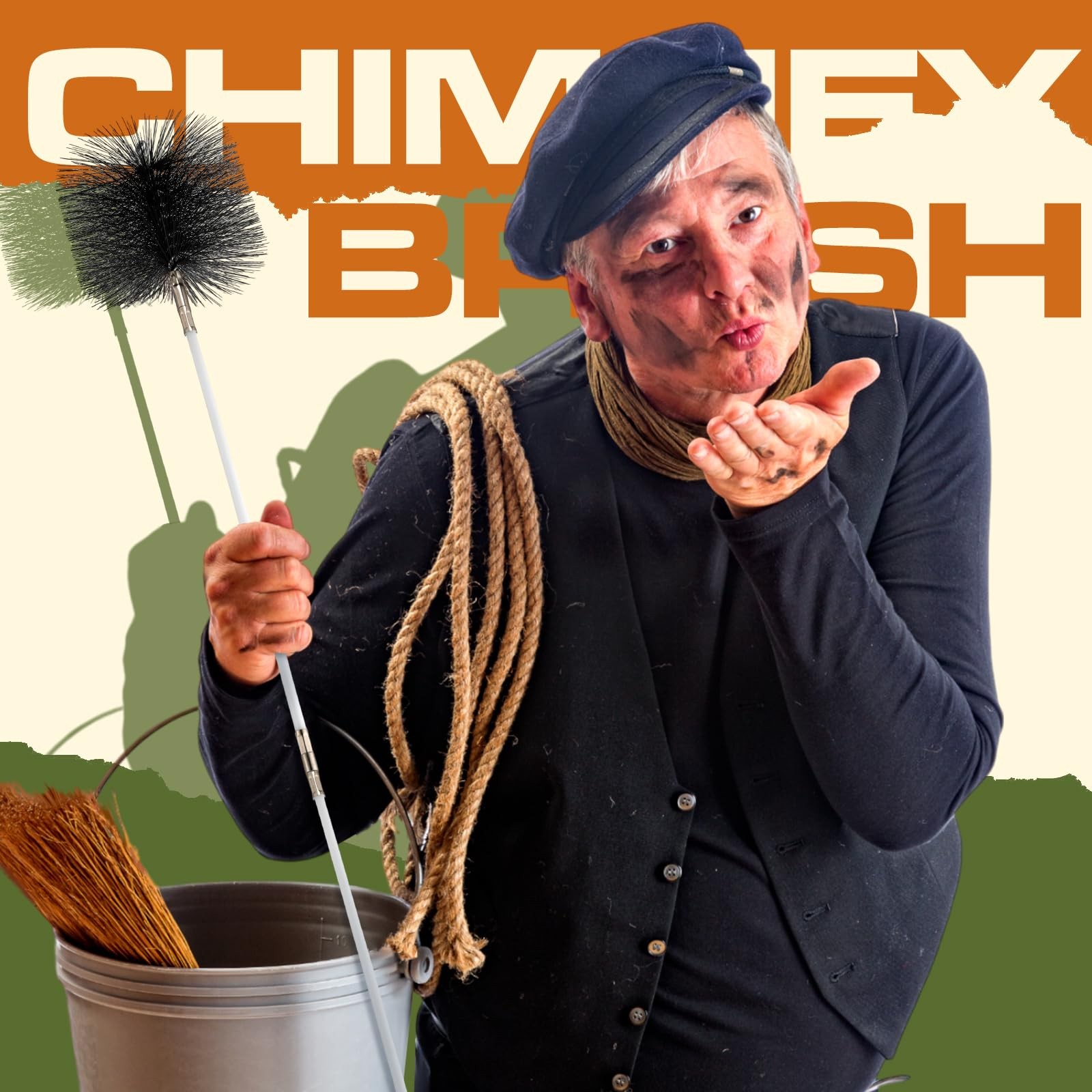 Wire Chimney Cleaning Brush with 1/4 Npt Fitting and 12 Rods, 6 Inch Round Steel