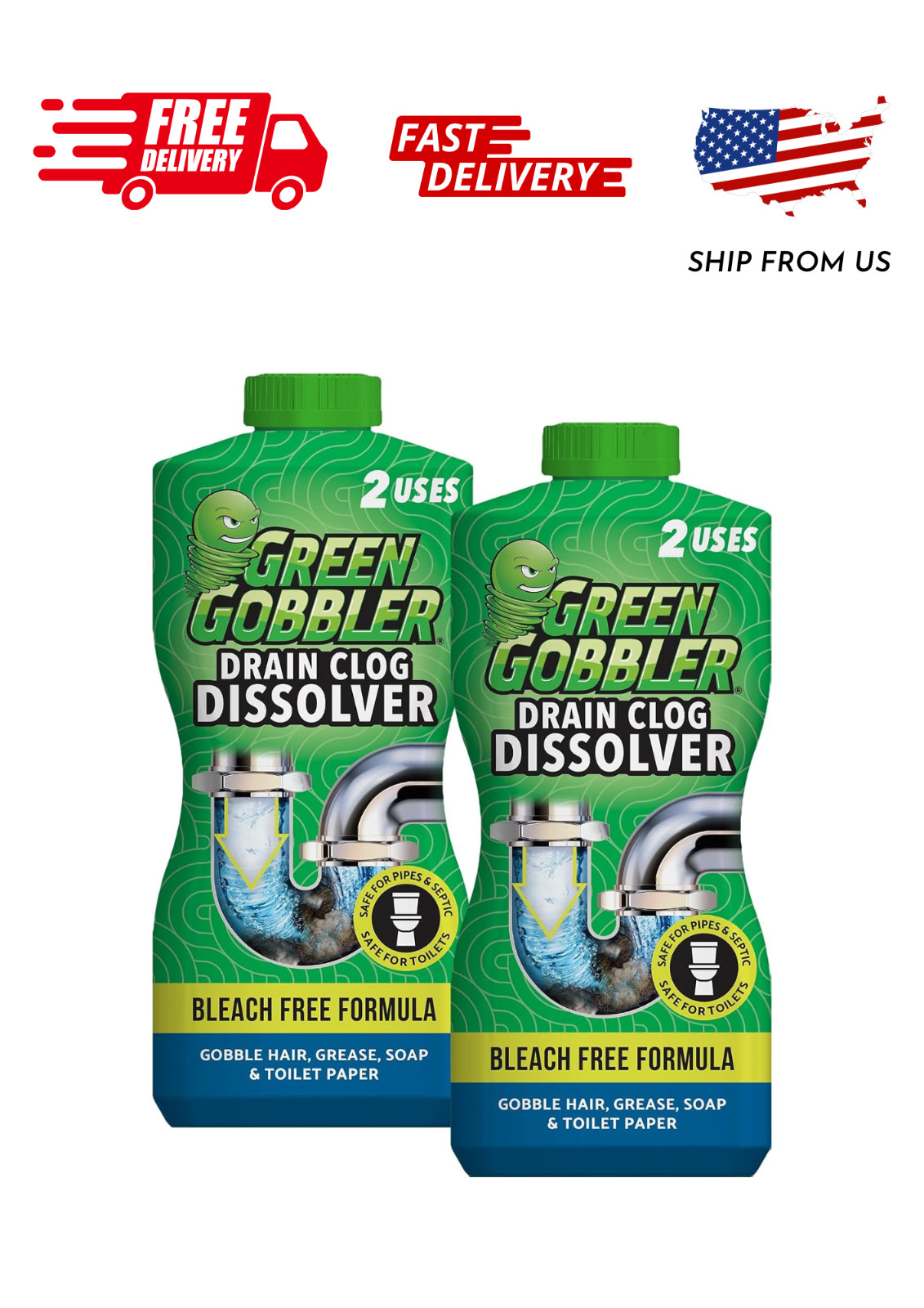 Green Gobbler Drain Clog Remover, Unscented, 15.5 Fluid Ounce, 2 Count, 2 Pack