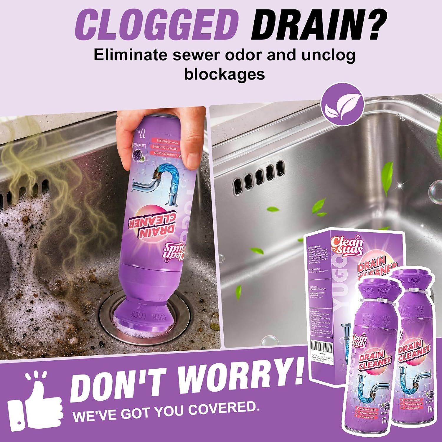 Foaming Sink Drain Cleaner Deodorizer& Clog Remover (Lavender, 2Pcs) | Foaming