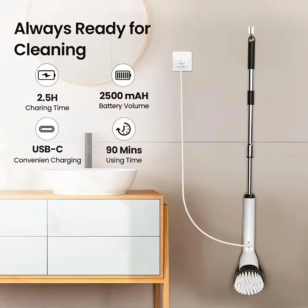9 in 1 Electric Spin Scrubber Extra Length 9 Brush Heads Retractable Handle