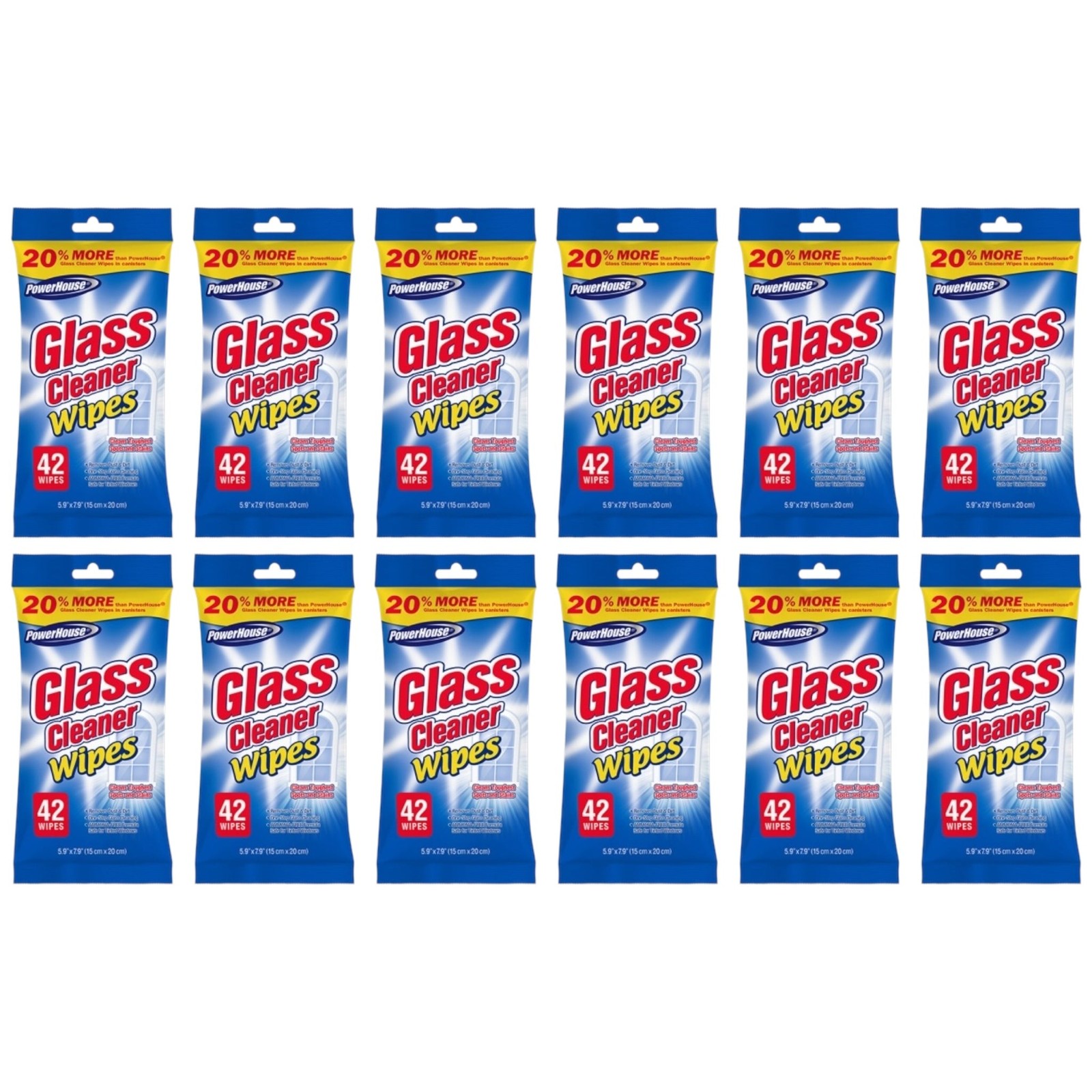 PowerHouse Glass Cleaner Wipes, 42 Wipes (Pack of 12)