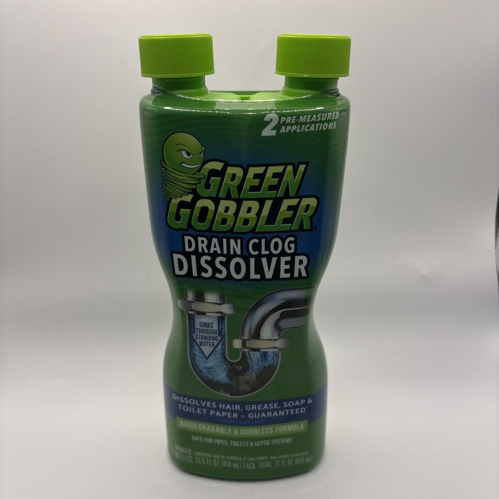 Green Gobbler Drain Clog Dissolver 2 Pre-measured Applications 31 Oz Total NEW