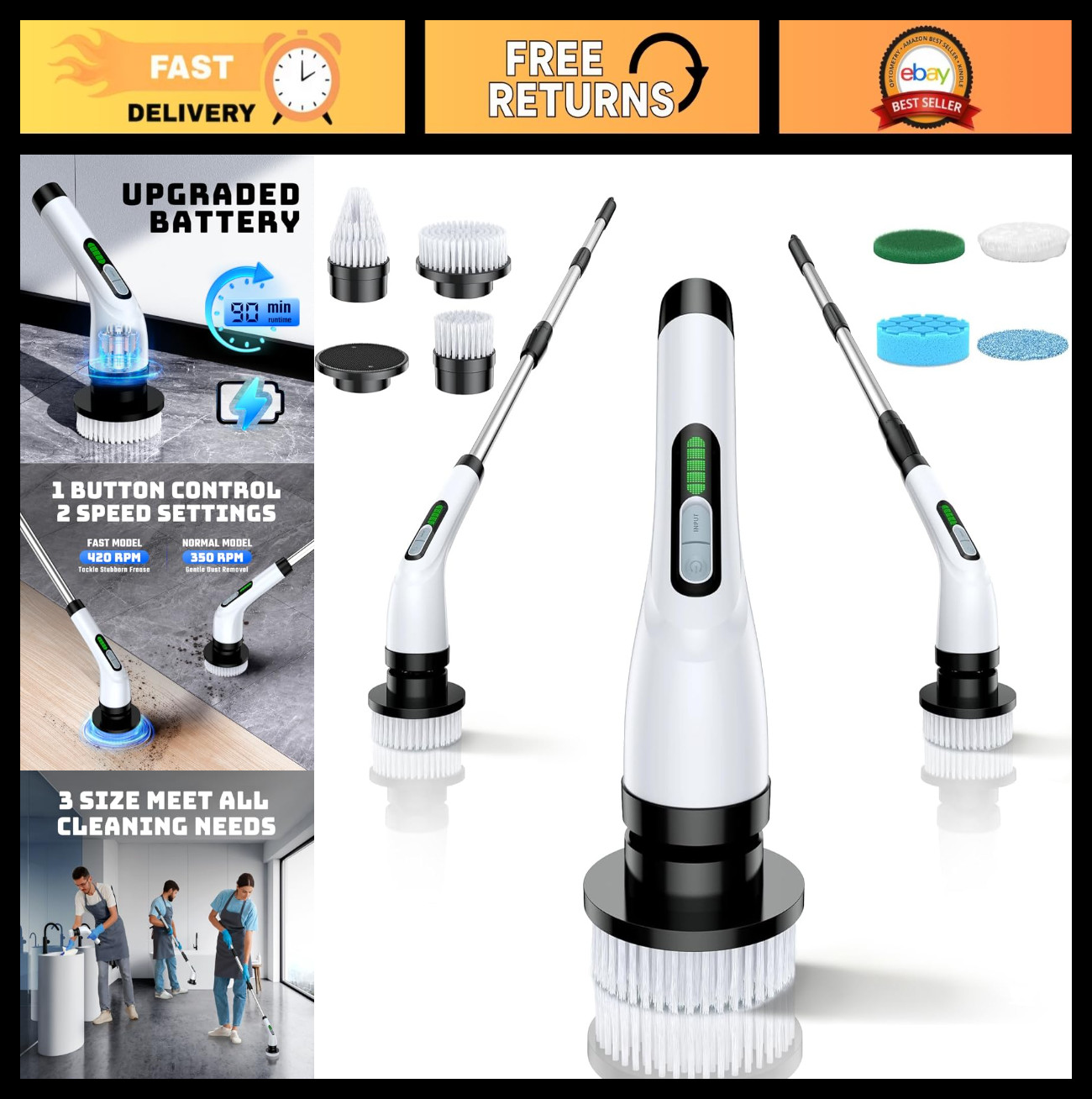 Cordless Electric Spin Scrubber – Dual Speed, Long Handle, 7 Brush Heads, Waterp
