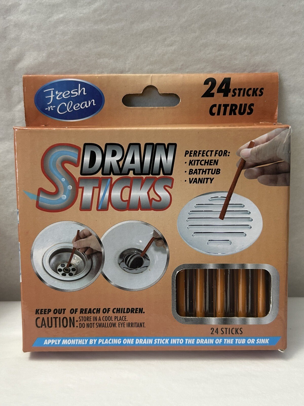 New Fresh -n- Clean Drain Odor Sticks Citrus Scent 2-PACK 48 Sticks Total