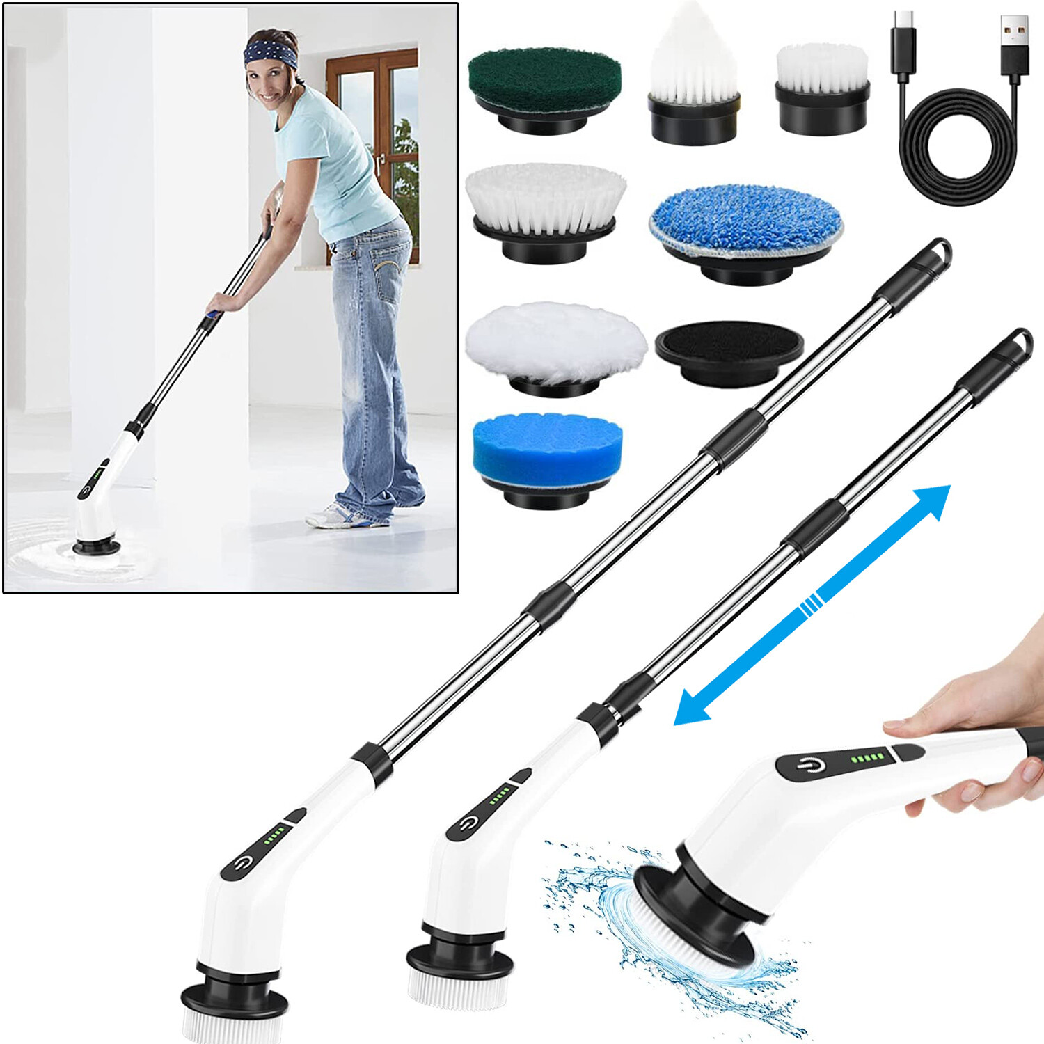 Electric Spin Scrubber Rechargeable Cordless Scrubber w/ 8 Head Car Cleaning Mop