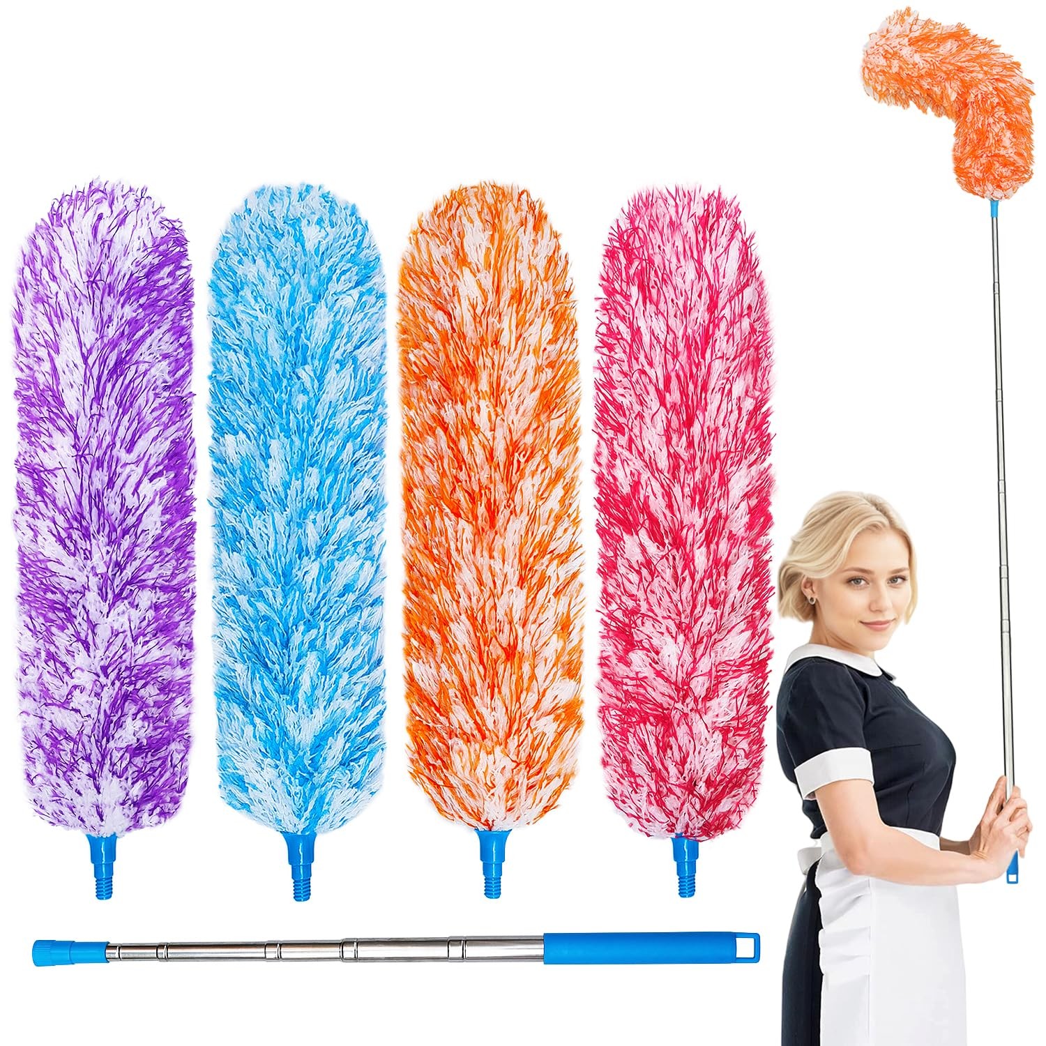 4 Pack Microfiber Feather Dusters, Up to 55 Inch Extension Pole, Cobweb Clean…