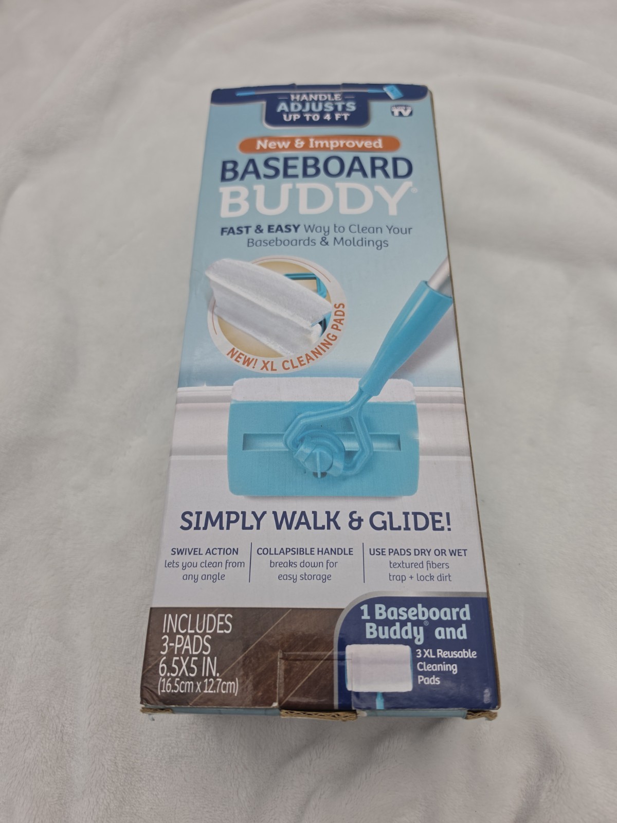 New BASEBOARD BUDDY Cleaning Tool 3 XL Reusable Pads 4 ft Handle Moldings Clean
