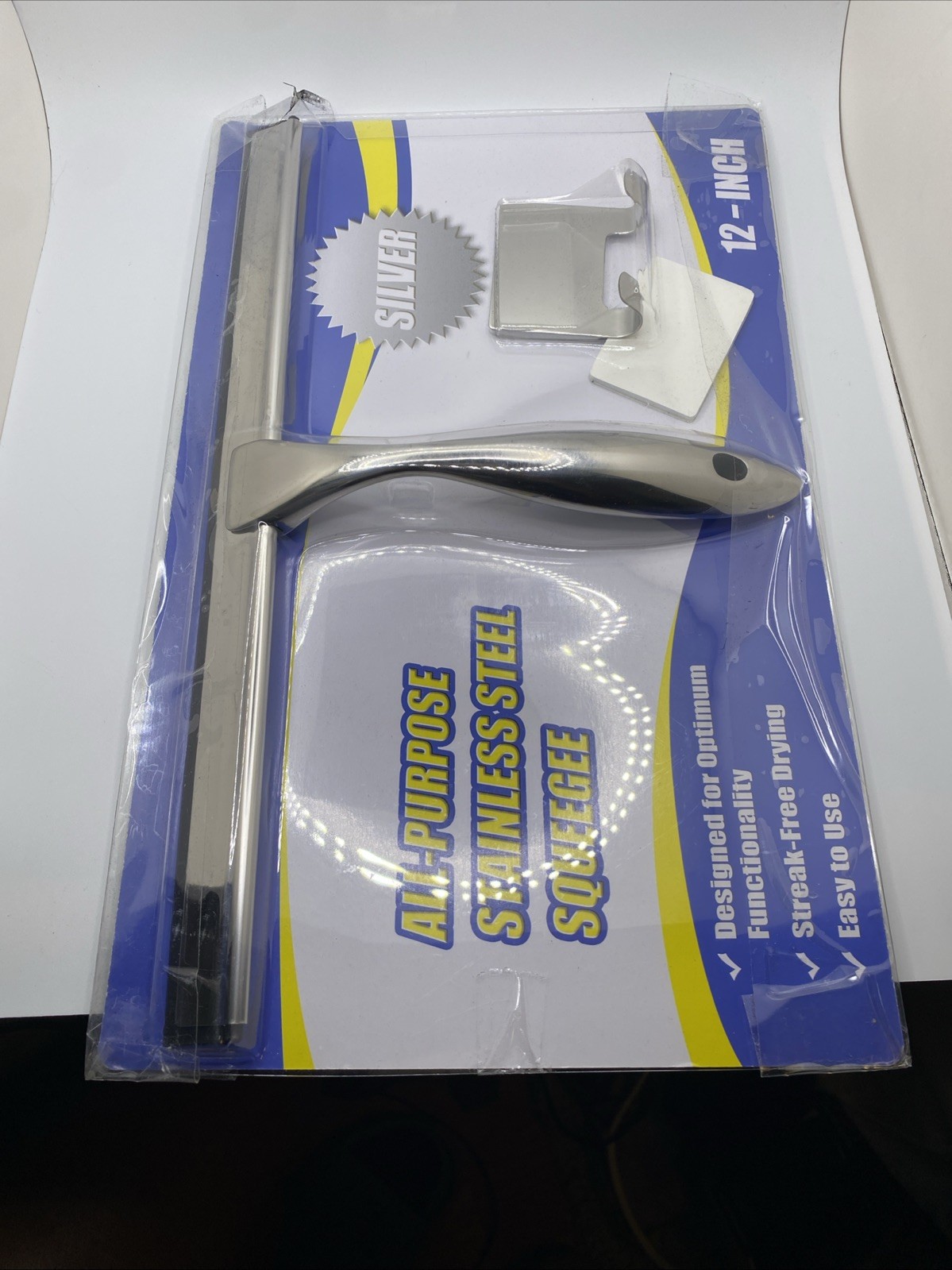 All-Purpose Stainless Steel Shower Squeegee for Glass Doors with Adhesive Hooks