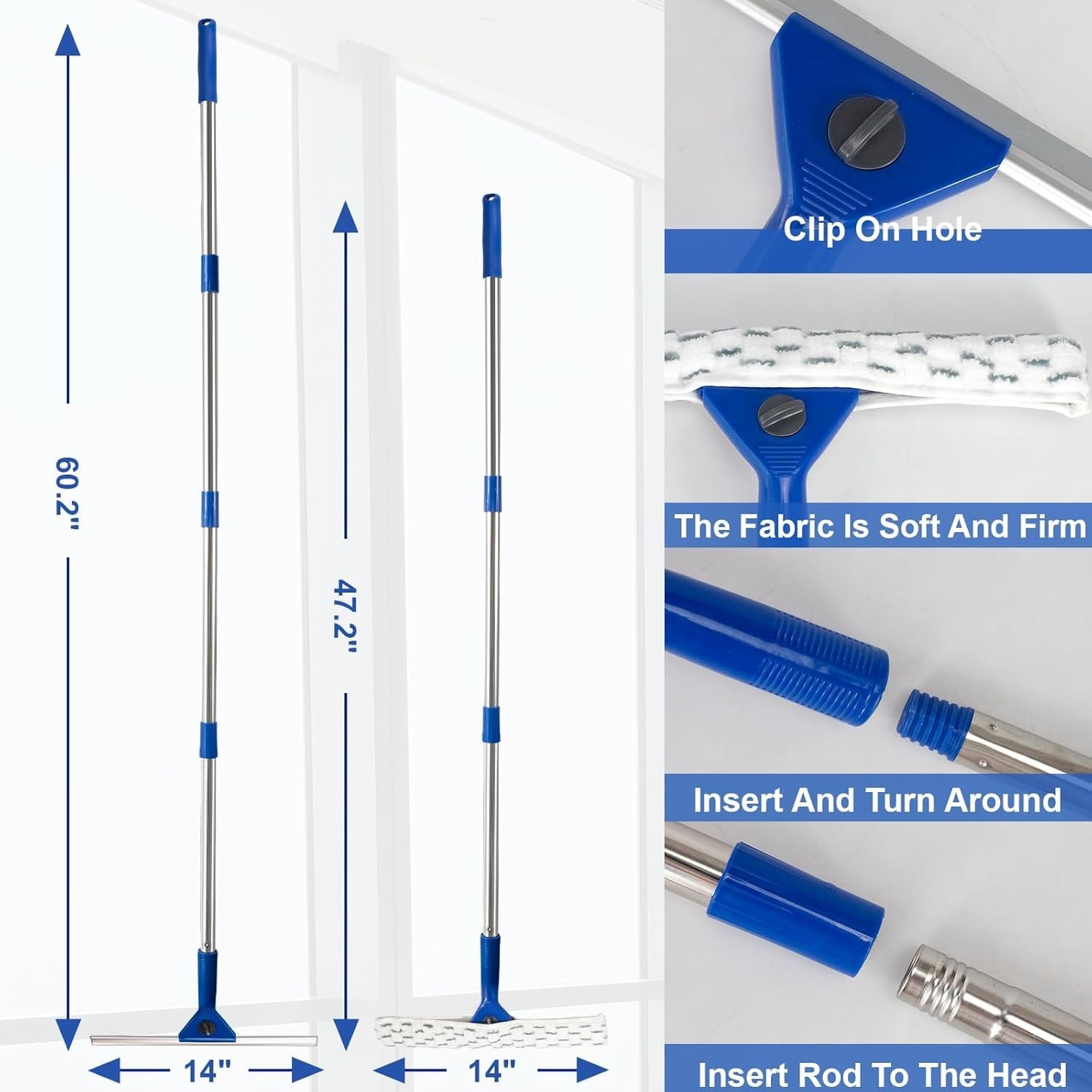 59″ Long Reach Window Squeegee with 14″ Double-Layer Blade & 2 Cloths – Stain…