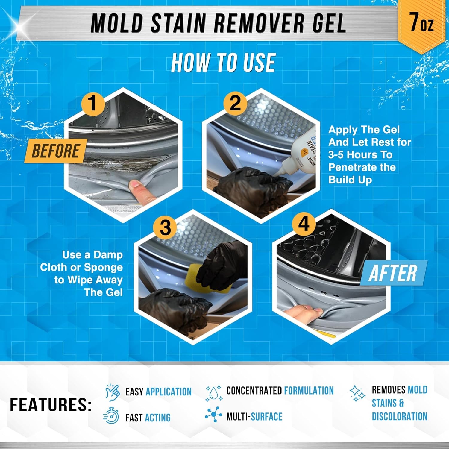 Heavy Duty Mold Stain Remover Gel for Washers, Grout & Showers – 7 Fl Oz
