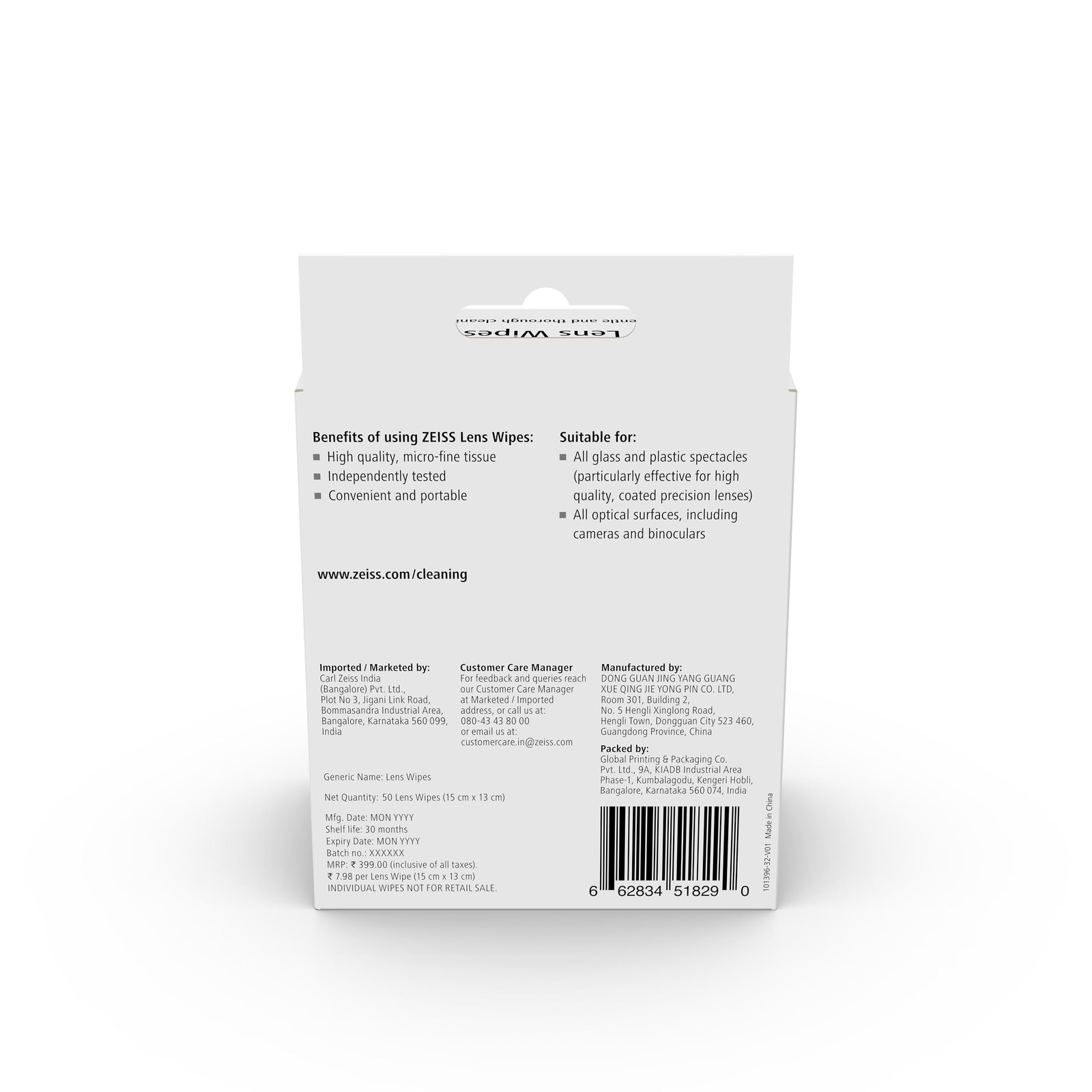 ZEISS Lens Wipes 50 Count – 70% Alcohol Cleaner for Glasses & Lenses