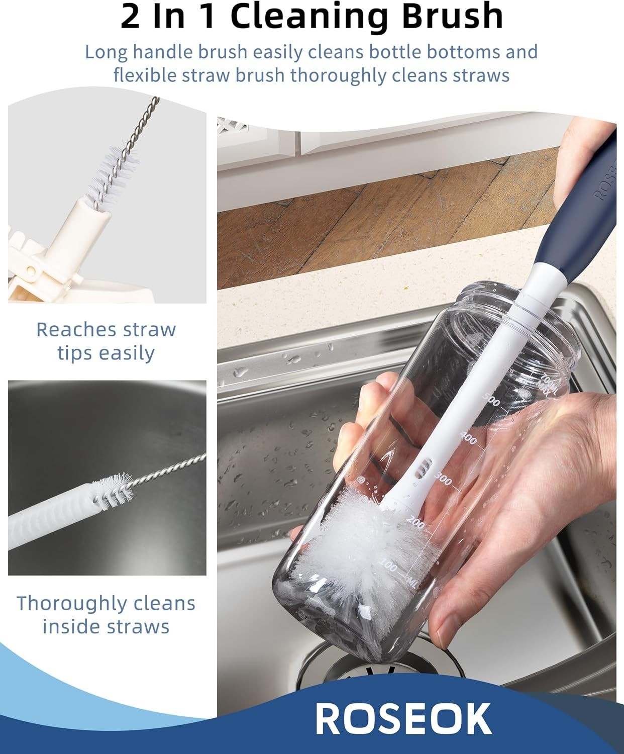 2 in 1 Long Handle Bottle Brush with Straw Brush for Cleaning Glass, Sports