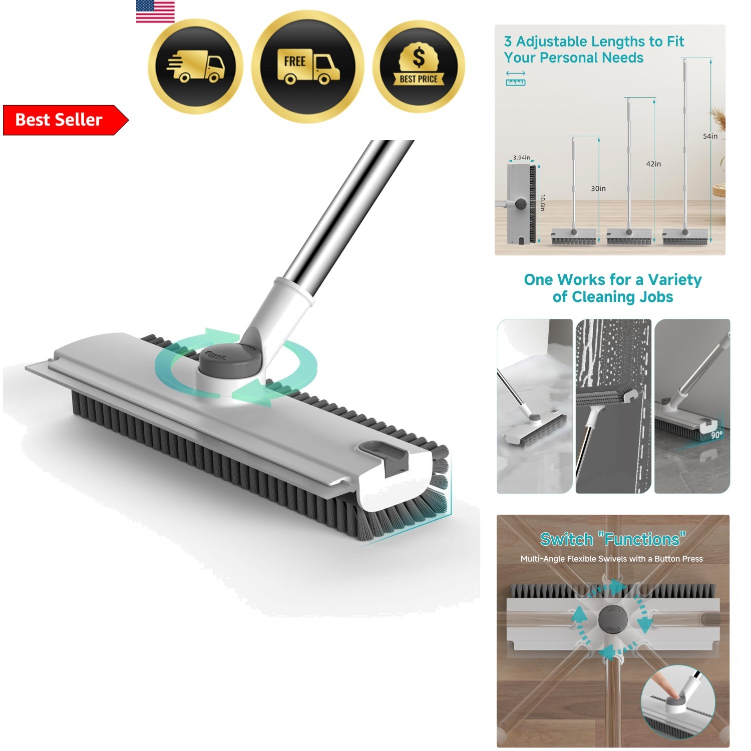 Floor Scrub Brush with Long Handle Adjustable 3-in-1 Heavy-Duty Floor Cleaner