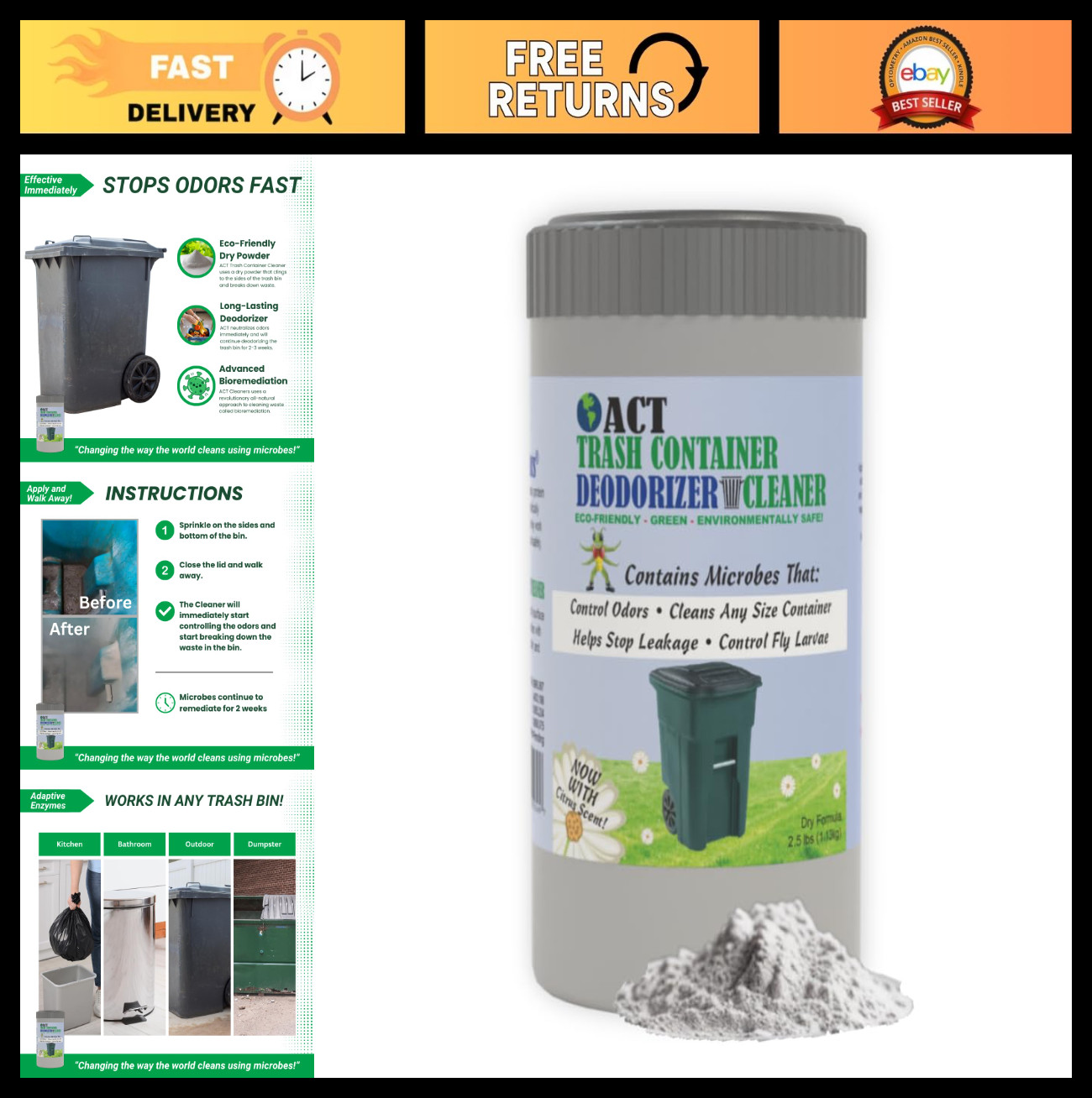 Eco-Friendly Trash Deodorizer & Cleaner | Eliminates Odors & Sludge | 2.5lb