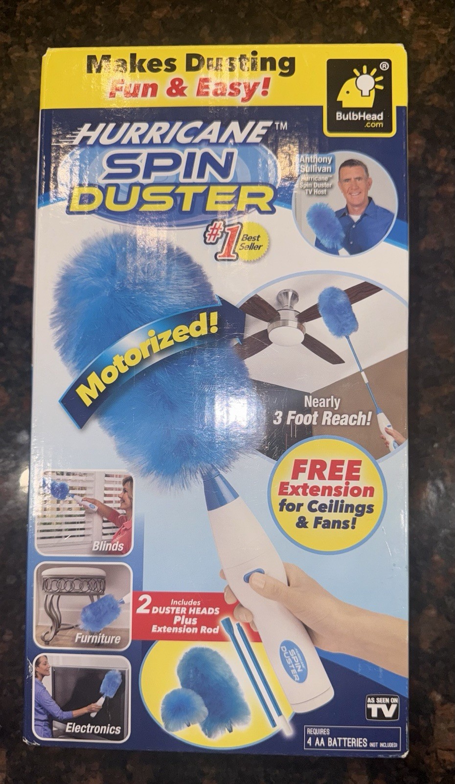 Hurricane Spin Duster Motorized Dust Wand w/3ft Extension For Ceiling Fans NIB