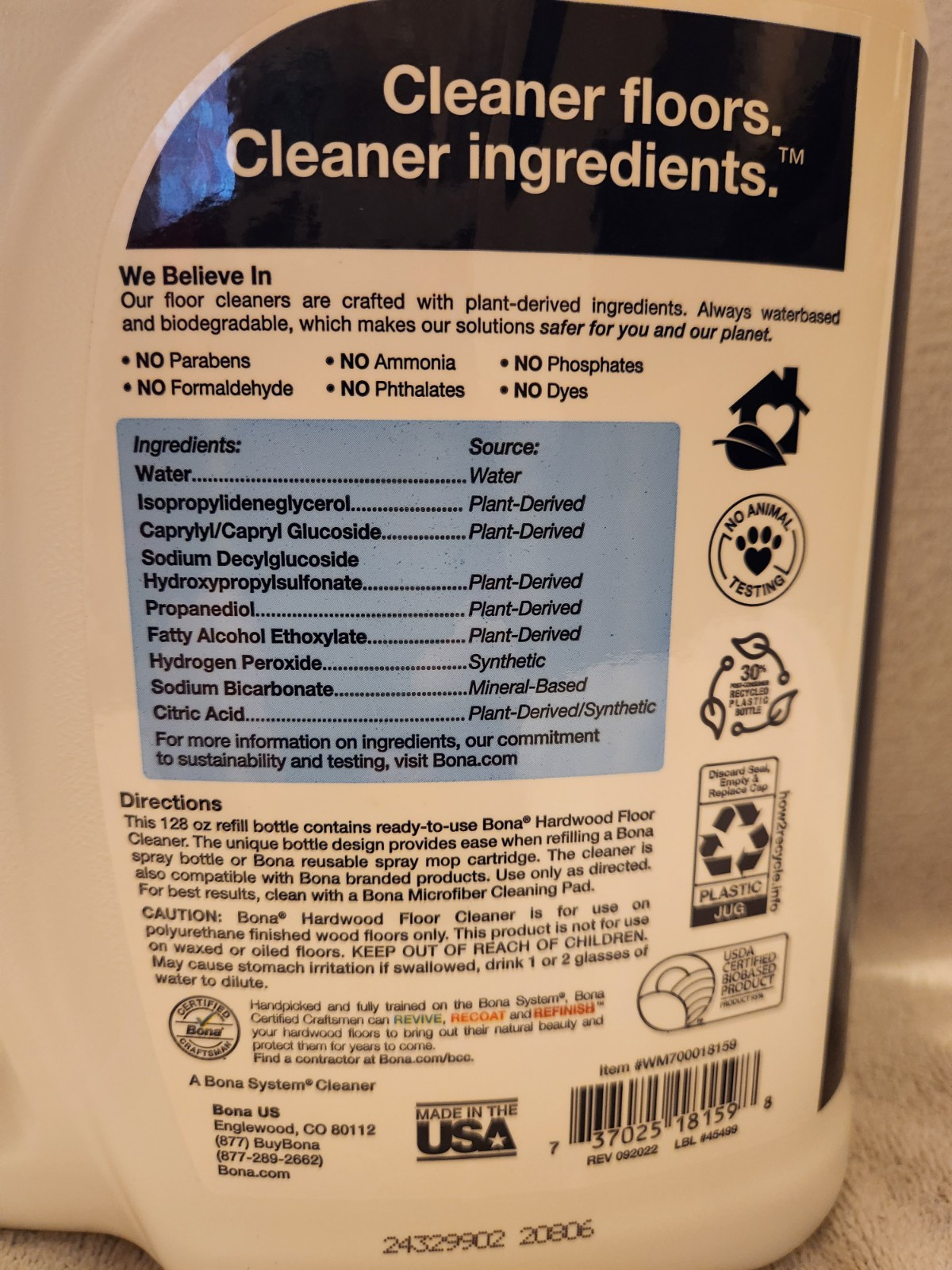 New, 128oz, Bona Hardwood Floor Cleaner, RTU Gallon Refill, 700018159 690ep