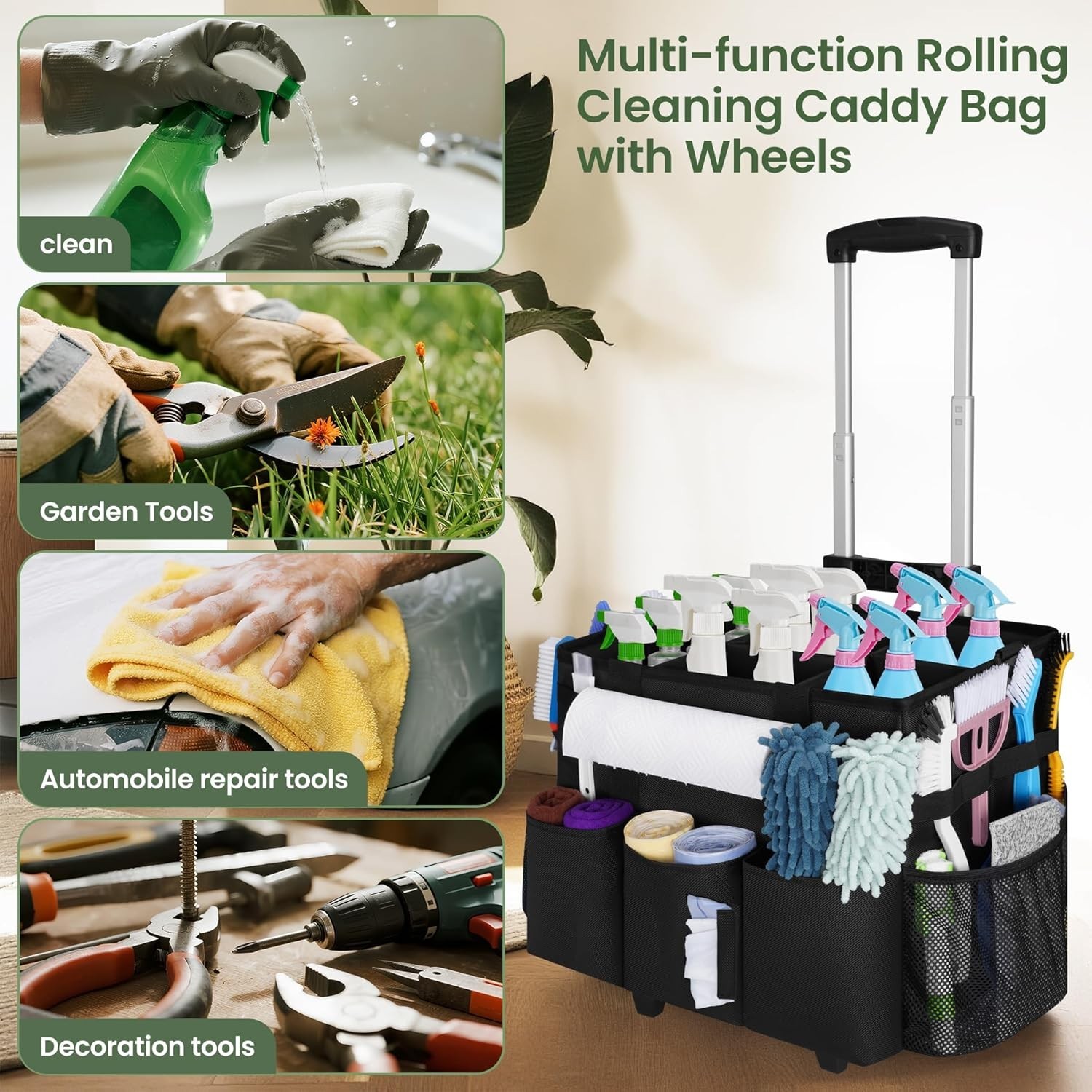 Luxurious Rolling Cleaning Caddy with Detachable Trolley & Water-Resistant Nylon