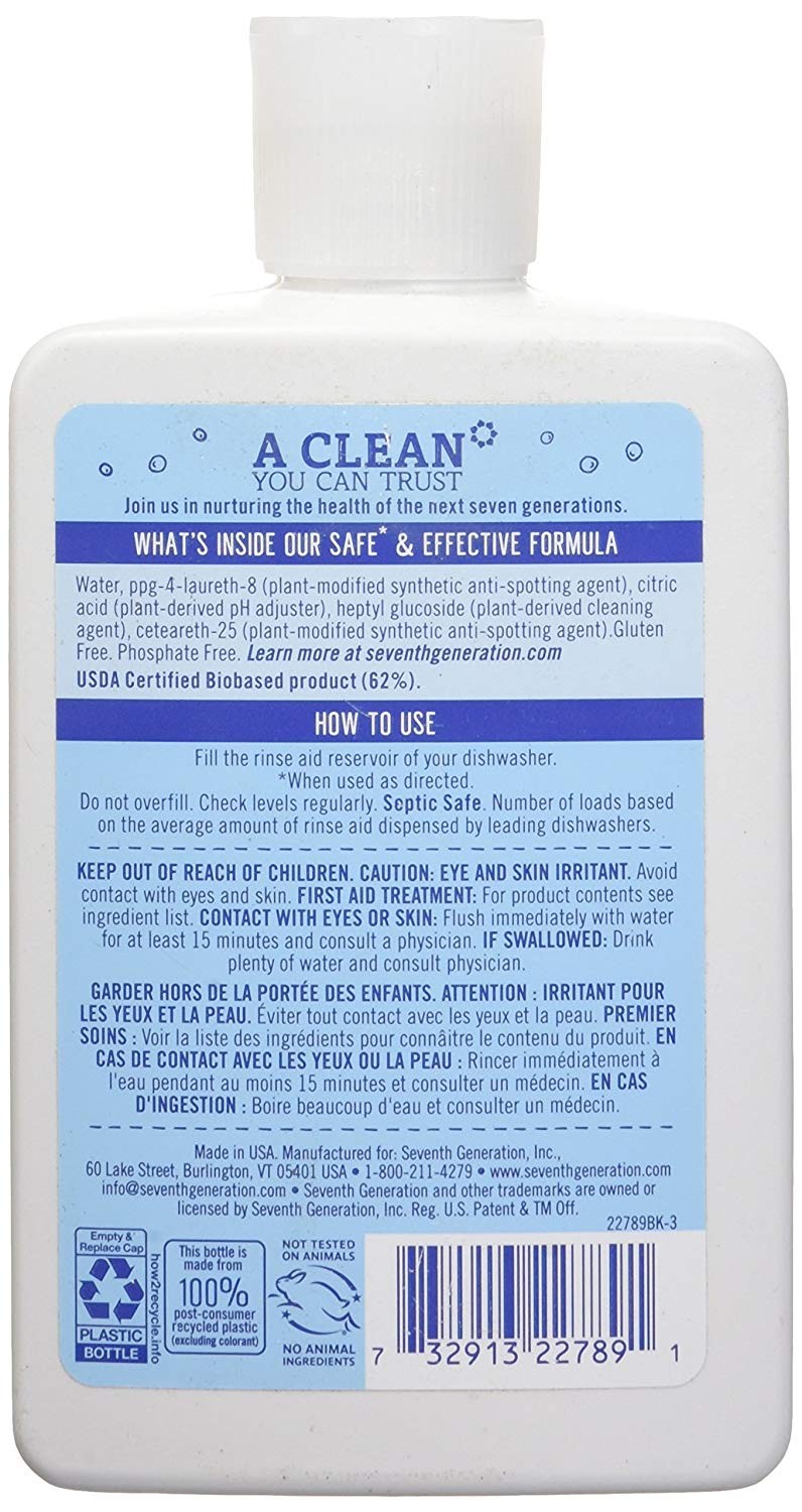 Seventh Generation Free and Clear Rinse Aid Dishwasher Liquid, 8 Ounce
