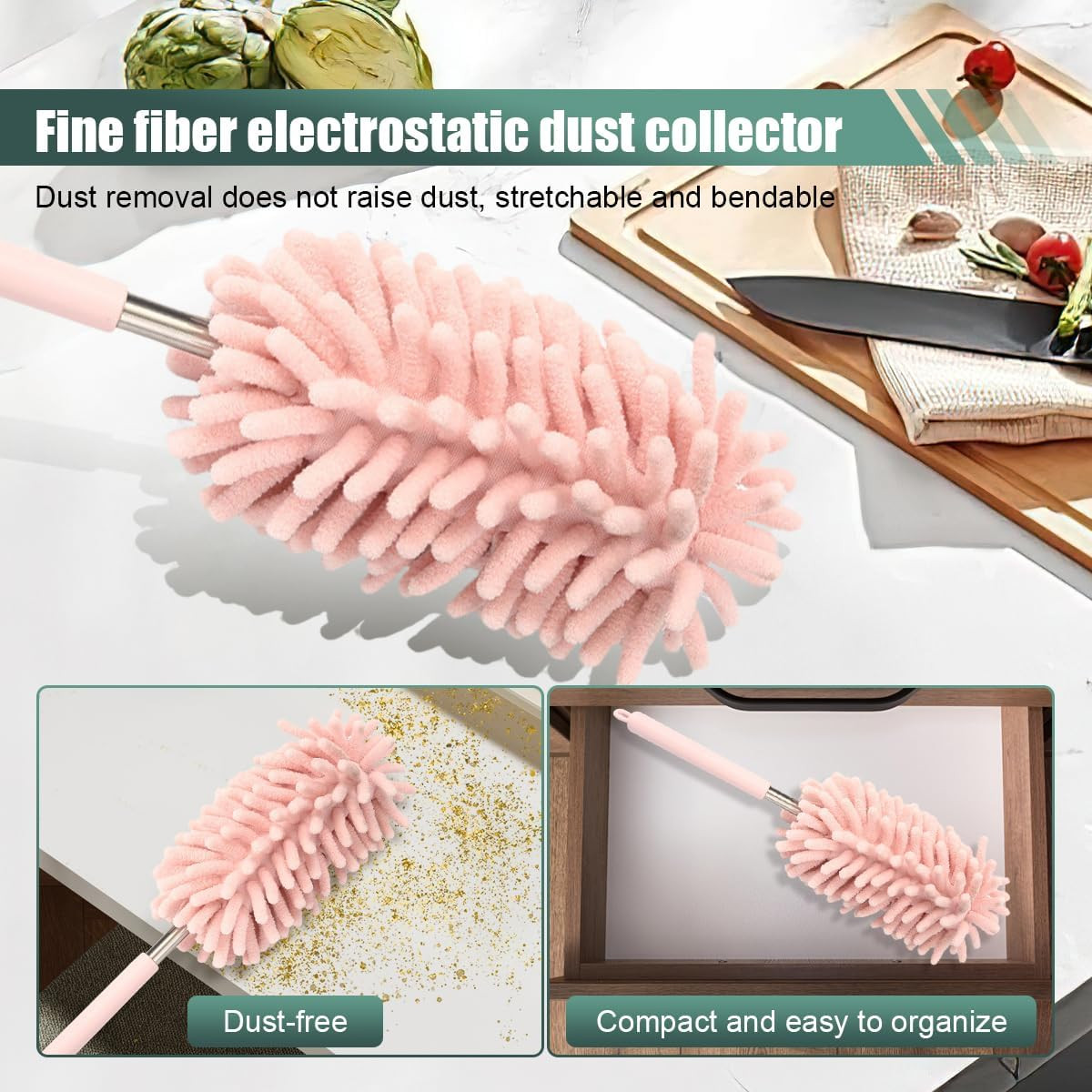 2PCS Car Interior Duster, Soft Chenille Detailing Brush with Extension Pole, Was